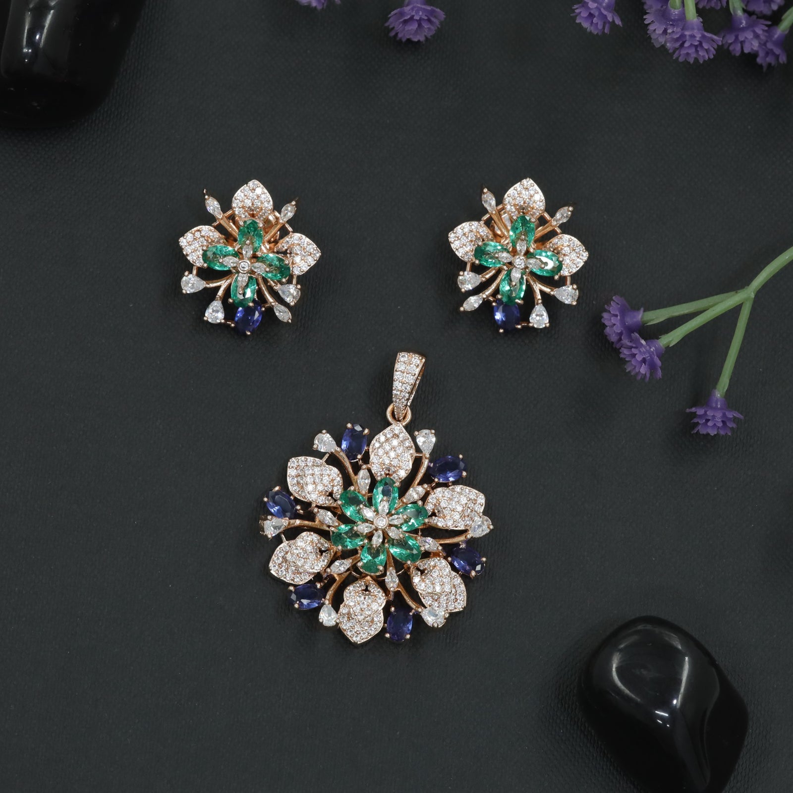 Decorative Bloom Crystal Pendant Set with Stud Earrings