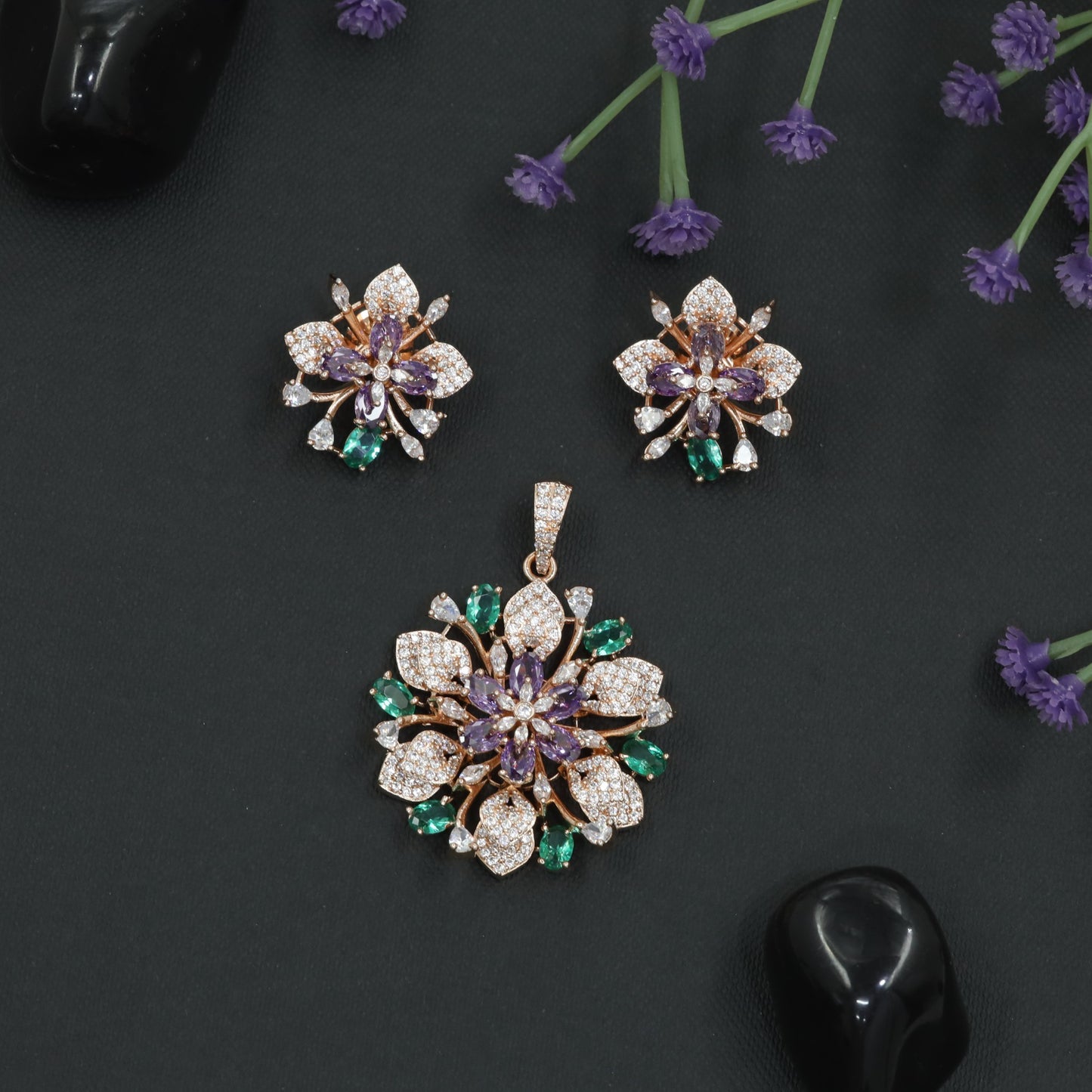 Decorative Bloom Crystal Pendant Set with Stud Earrings