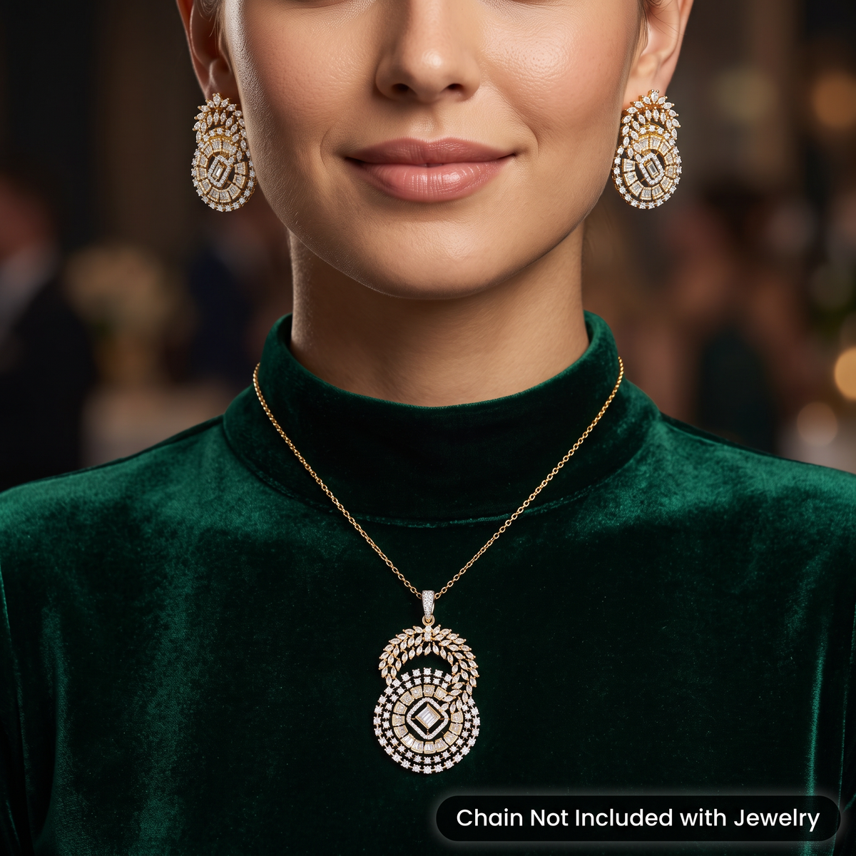 Floral halo pendant set with concentric circular detailing and matching earrings