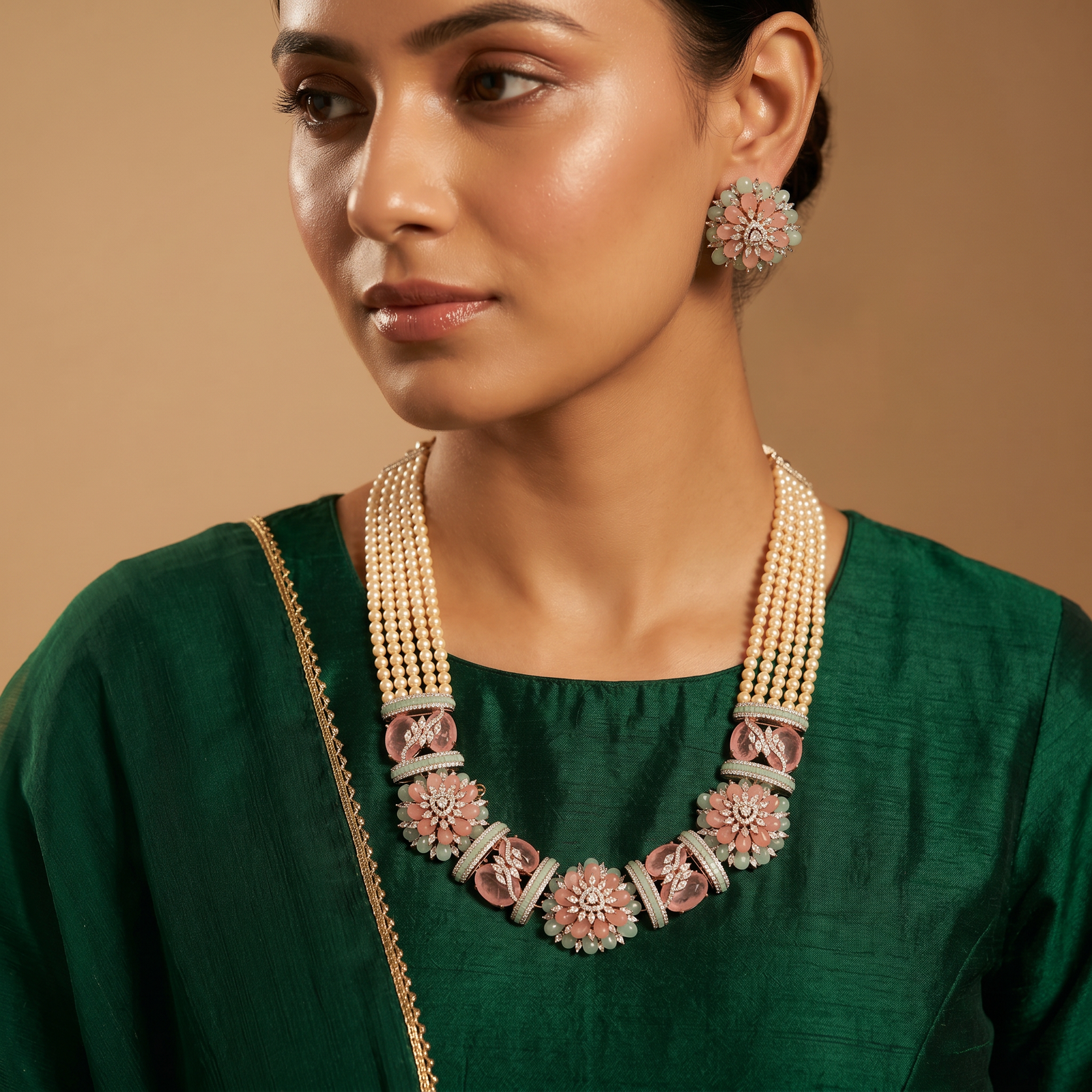 Decorative Floral Rose Gold Beads Necklace Set with Matching Studs