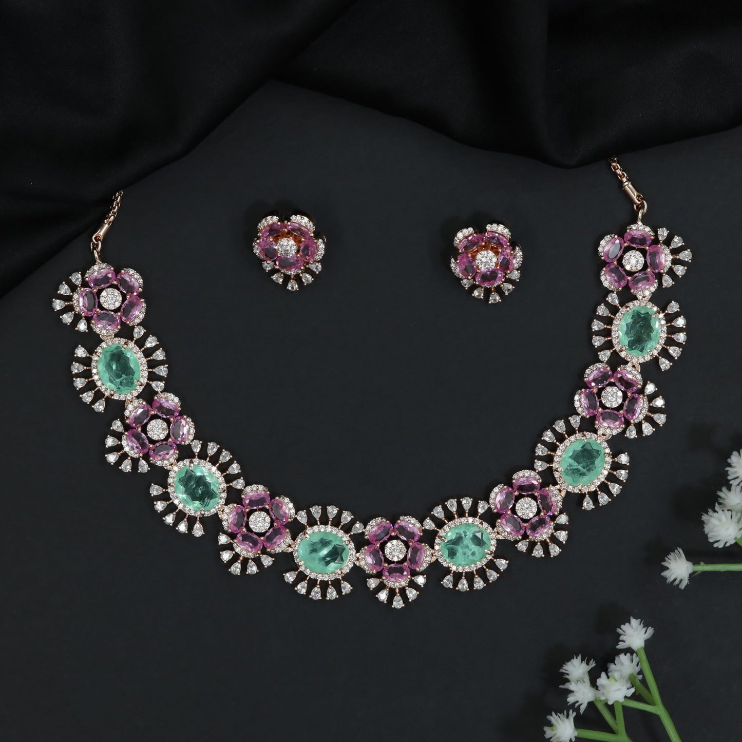 Blossom Cluster Crystal Rose Gold Necklace Set with Decorative Halos
