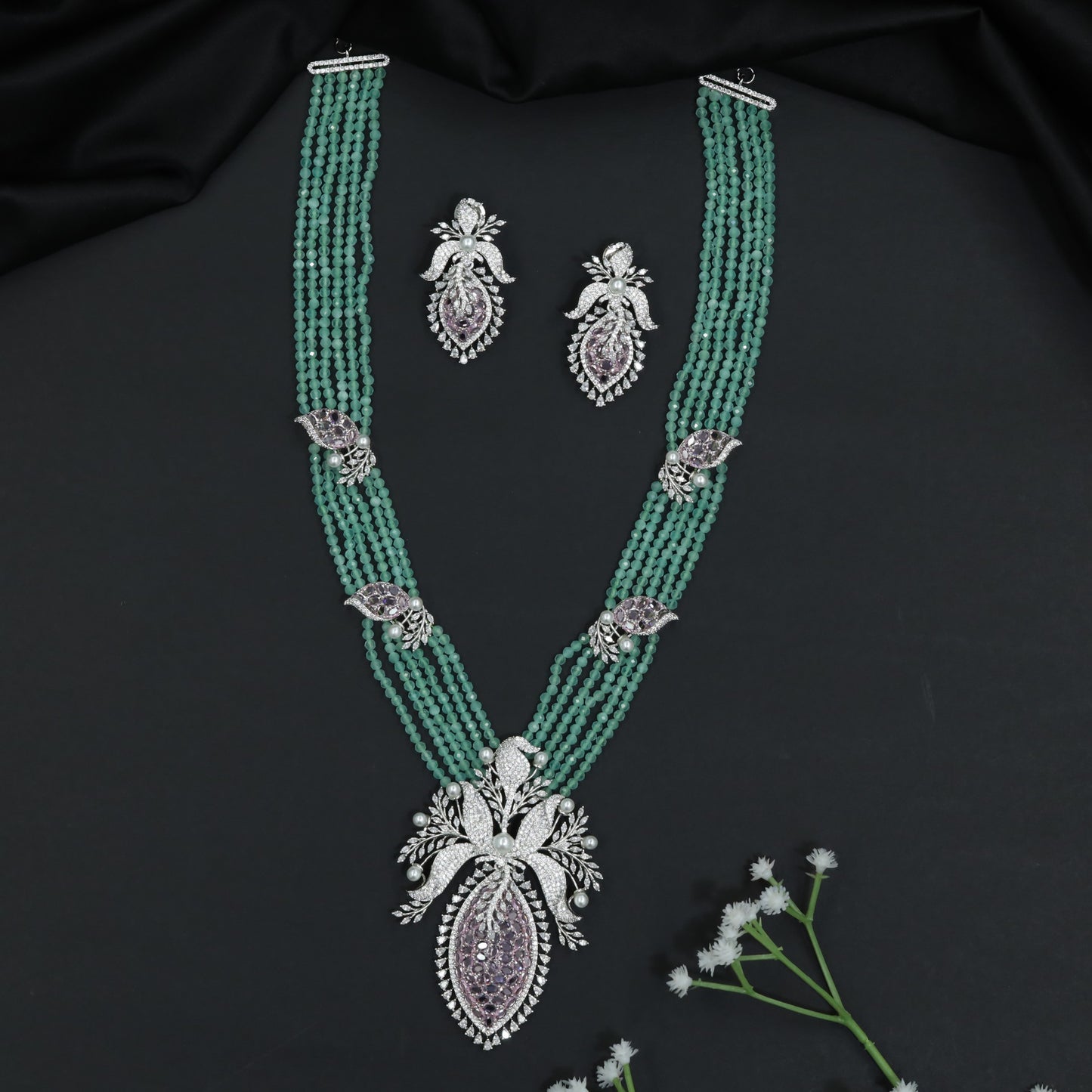 Garden Inspired Rhodium Beads Necklace Set with Ornamental Pendant