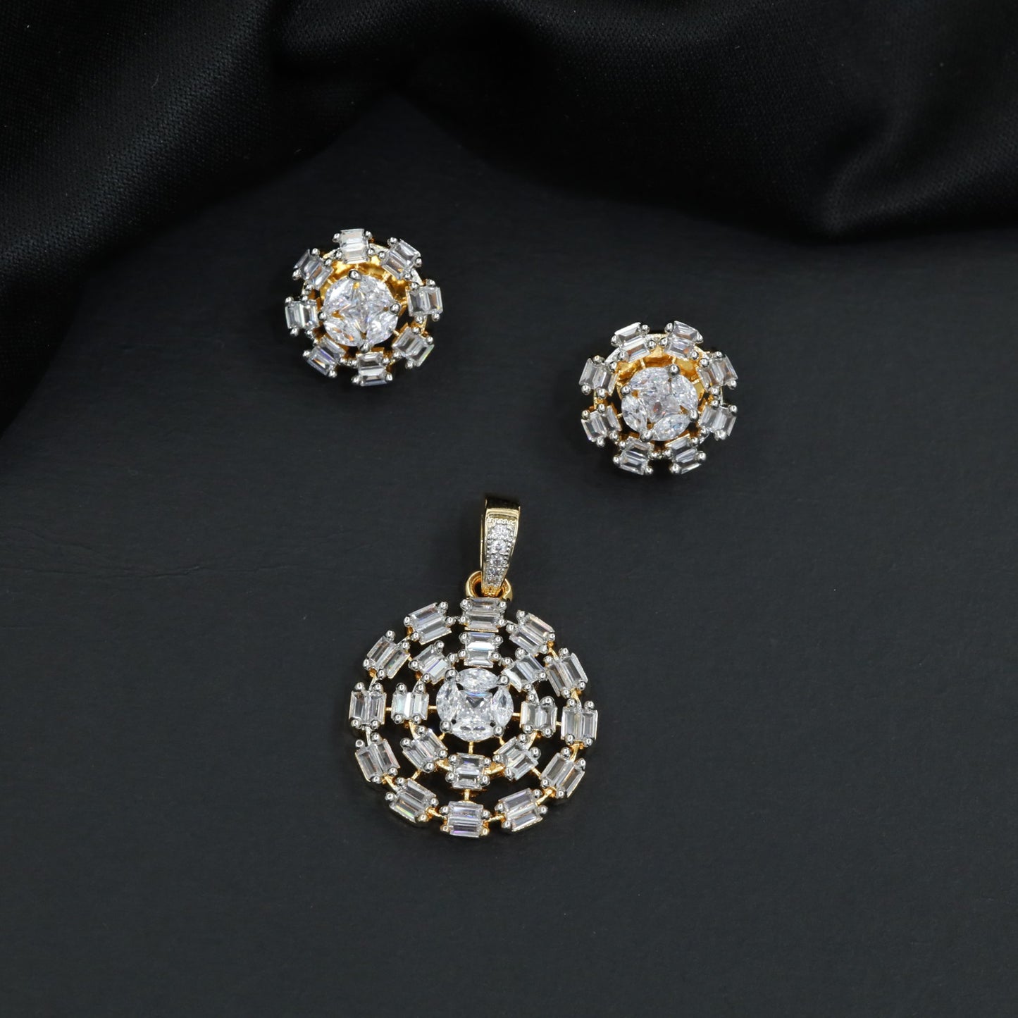 Heritage style white stone sunburst medallion pendant set with delicate matching earrings