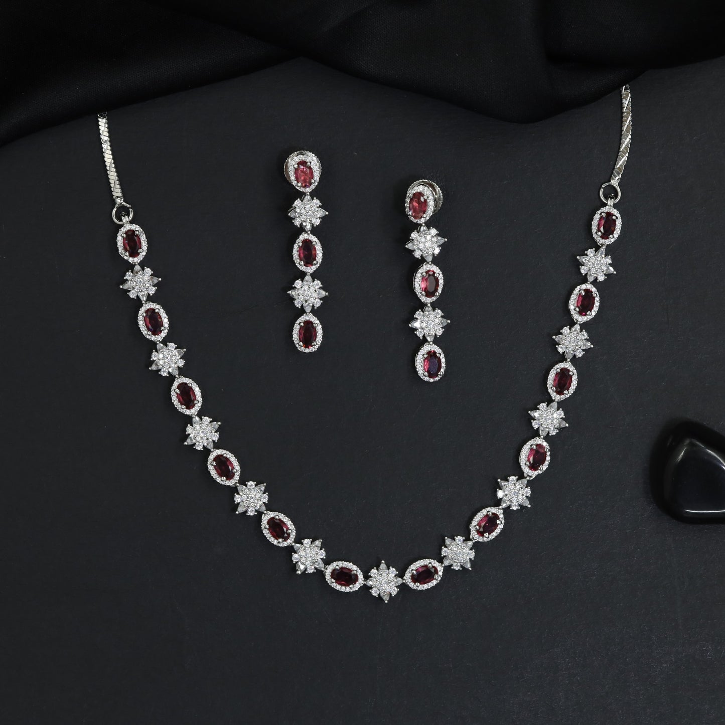 Radiant textured cluster rhodium necklace with dramatic long drop studs