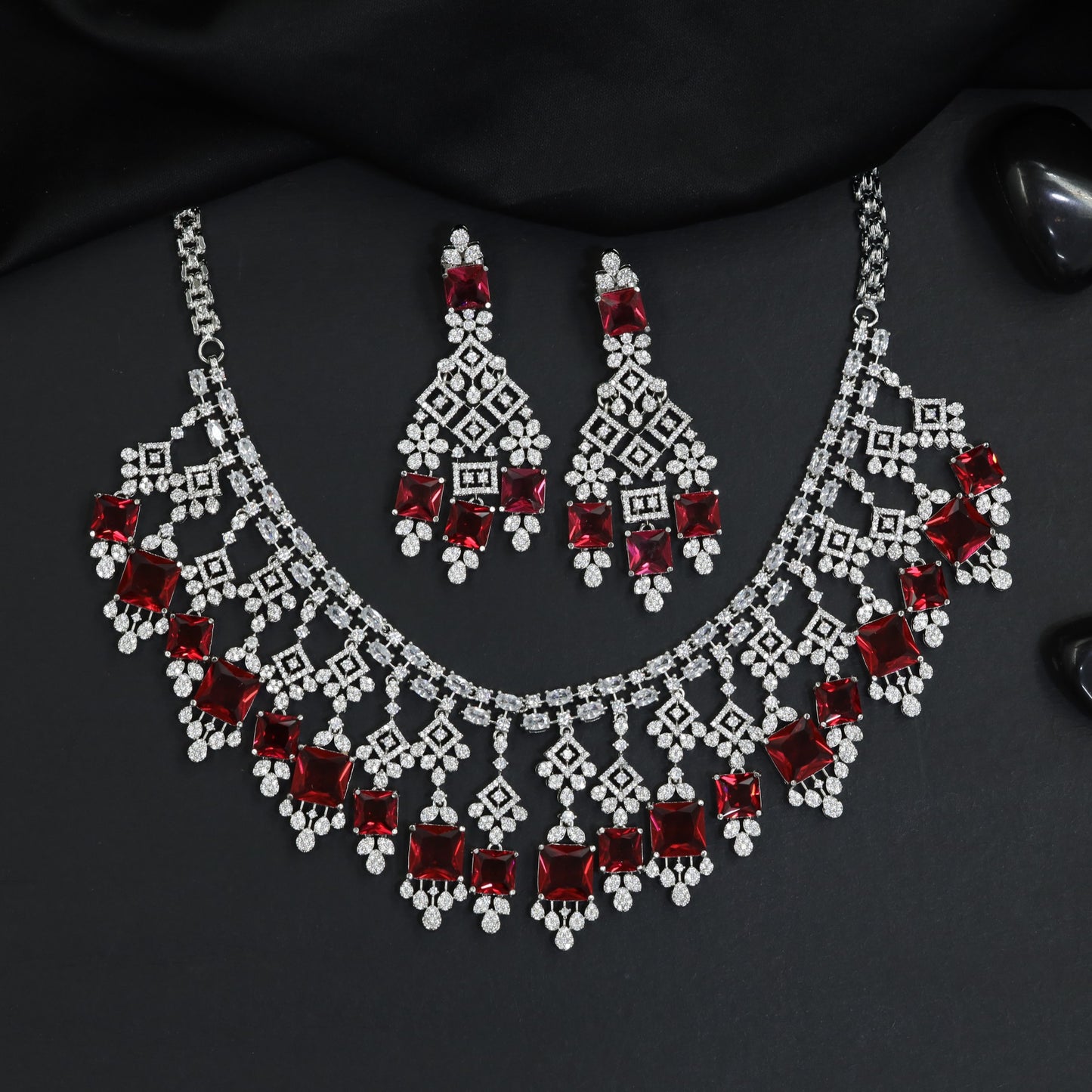 Heritage square plaque bridal rhodium necklace featuring cascading diamond frames