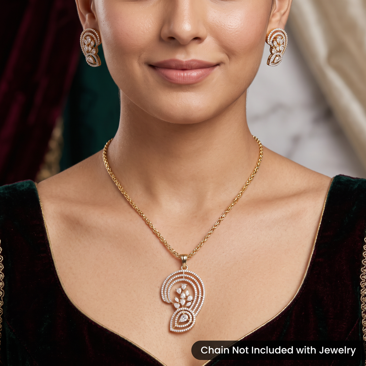 Curved Teardrop Pendant Set with Bloom Inspired Details