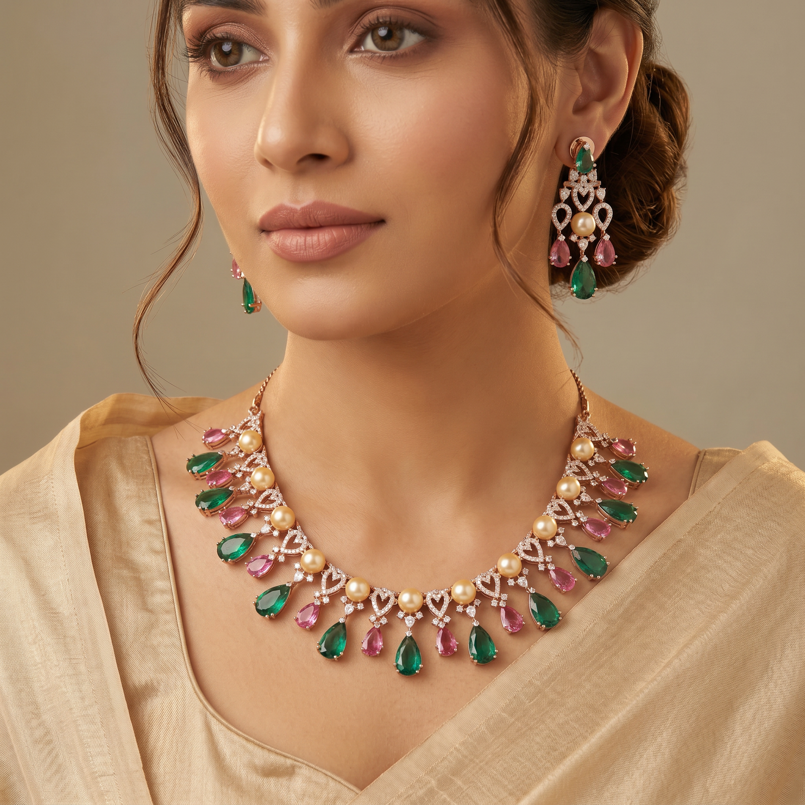 Pearl Fringe Crystal Rose Gold Necklace Set with Teardrop Accents