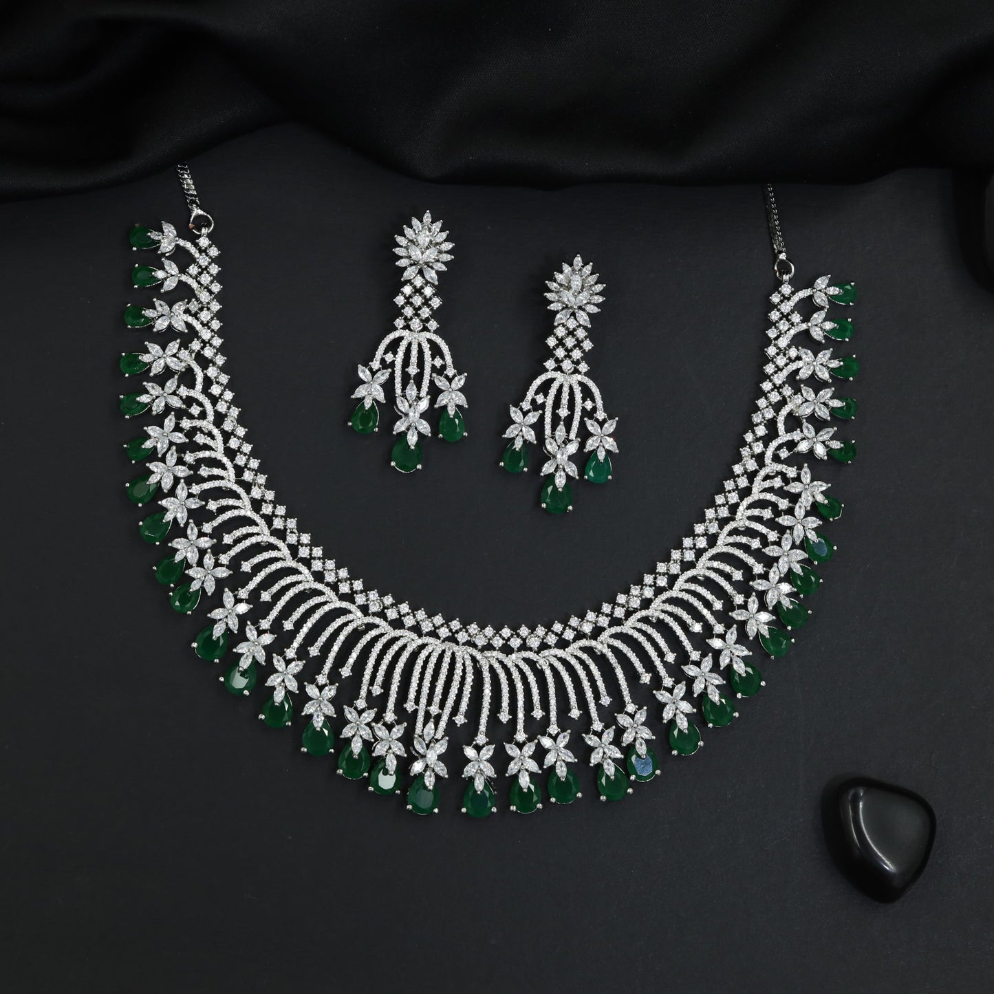 Royal Treasury rhodium necklace set with articulated fringe detailing
