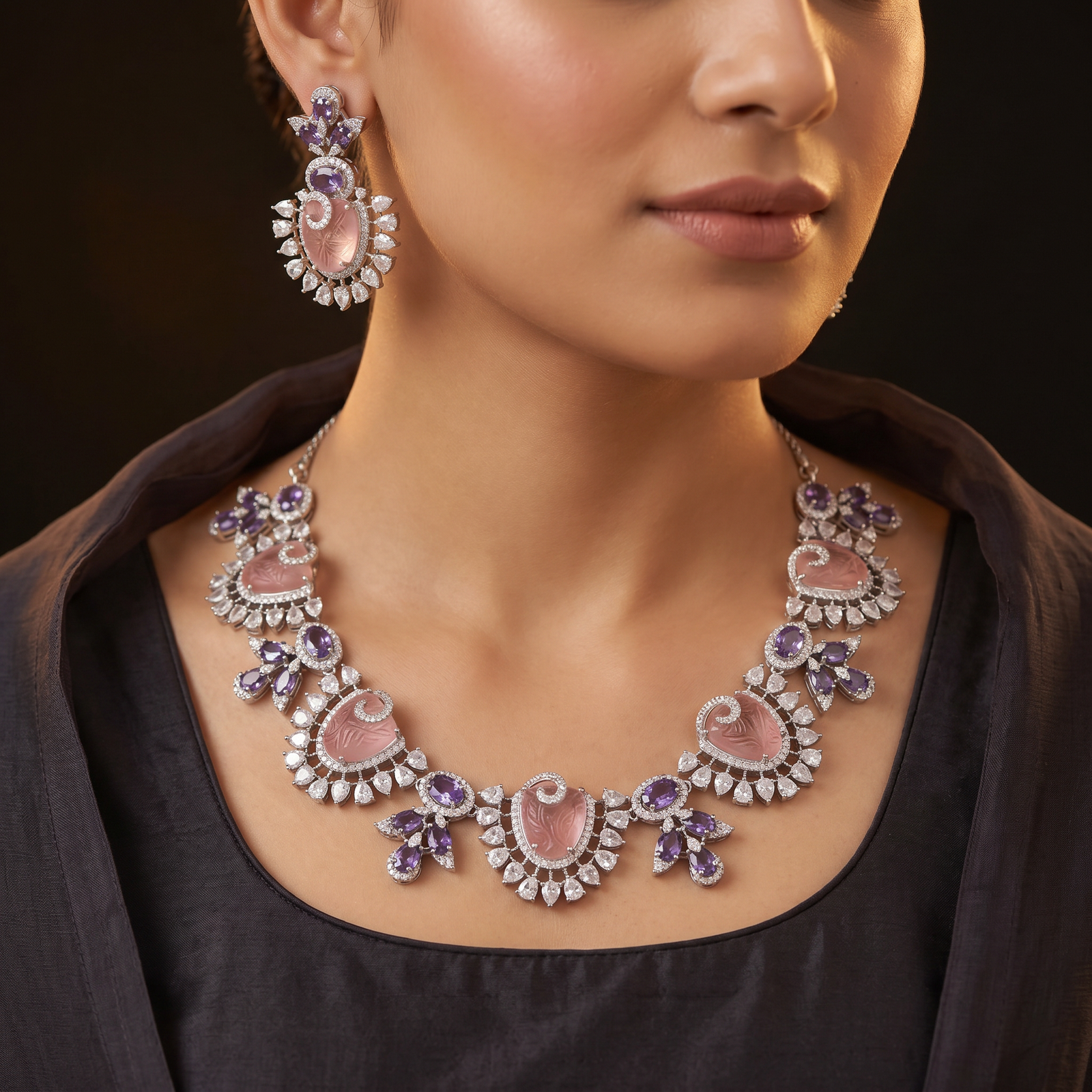 Paisley Bloom Rhodium Necklace Set with Floral Motifs