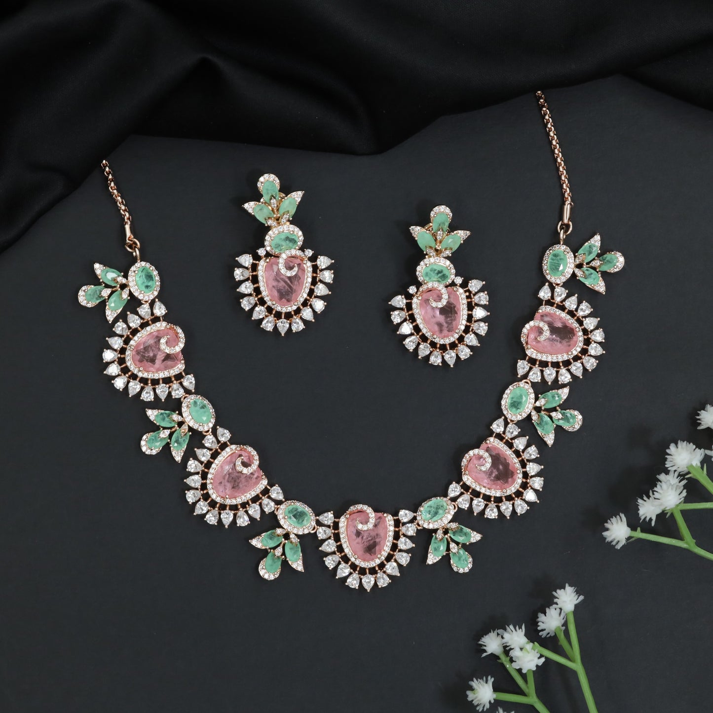 Paisley Bloom Rhodium Necklace Set with Floral Motifs