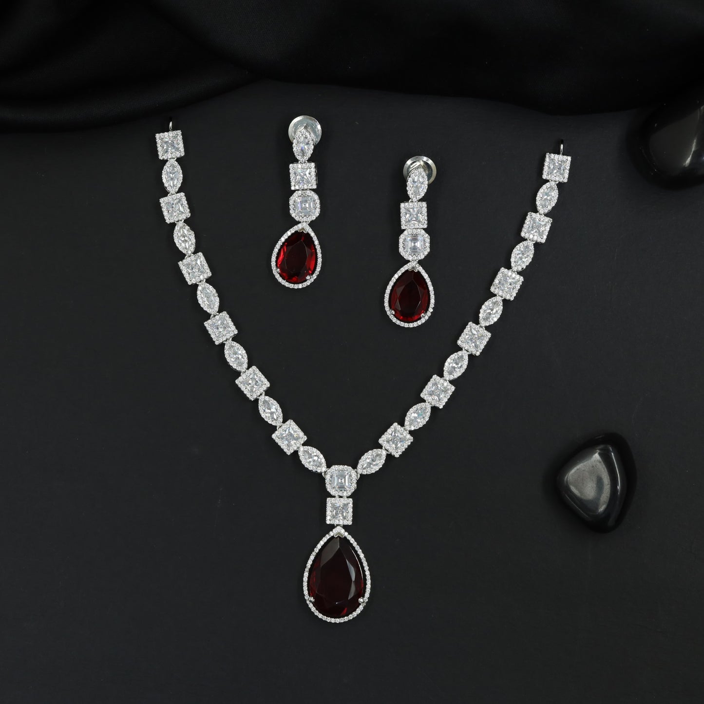 Architectural elegance rhodium necklace set with geometric neckline design