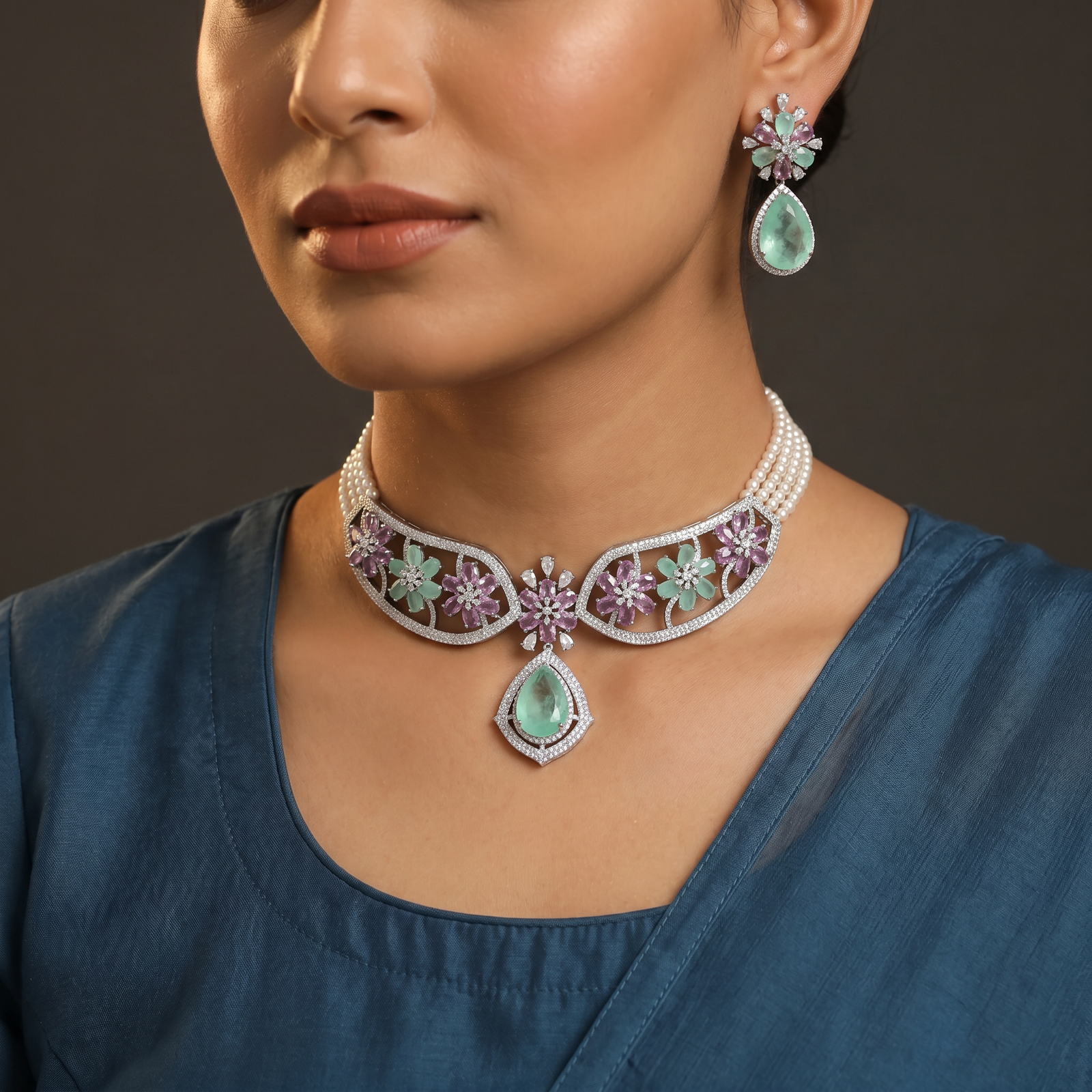 Floral Garden Rhodium Choker Set with Pear Drop Pendant