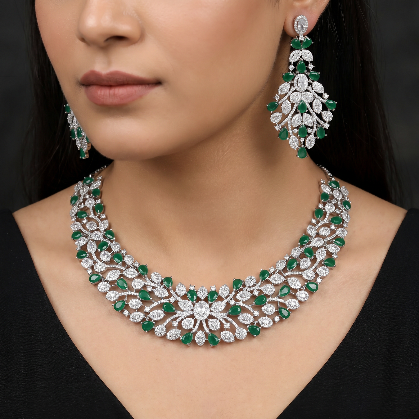 Signature atelier rhodium necklace set with petal-inspired station detailing