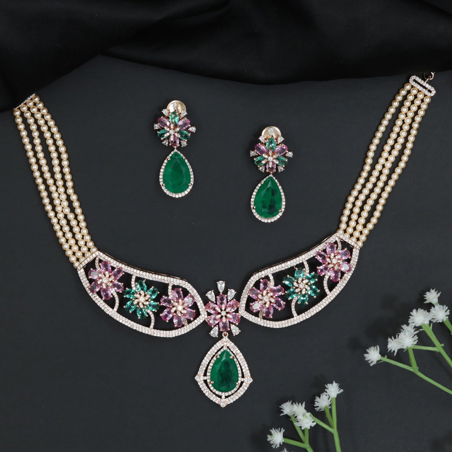 Floral Garden Rhodium Choker Set with Pear Drop Pendant