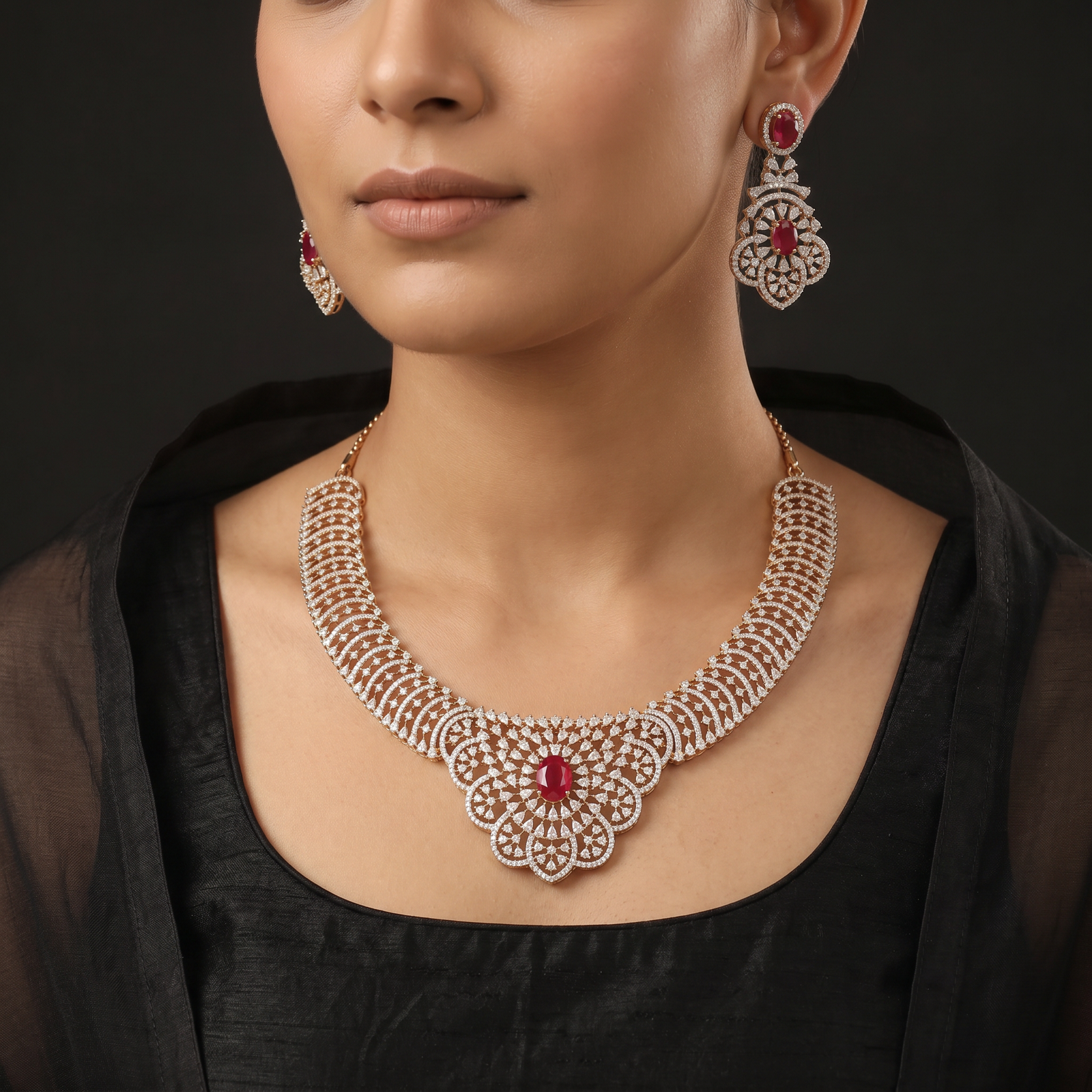 Floral Lattice GJ Necklace Set with Ornamental Medallion Design