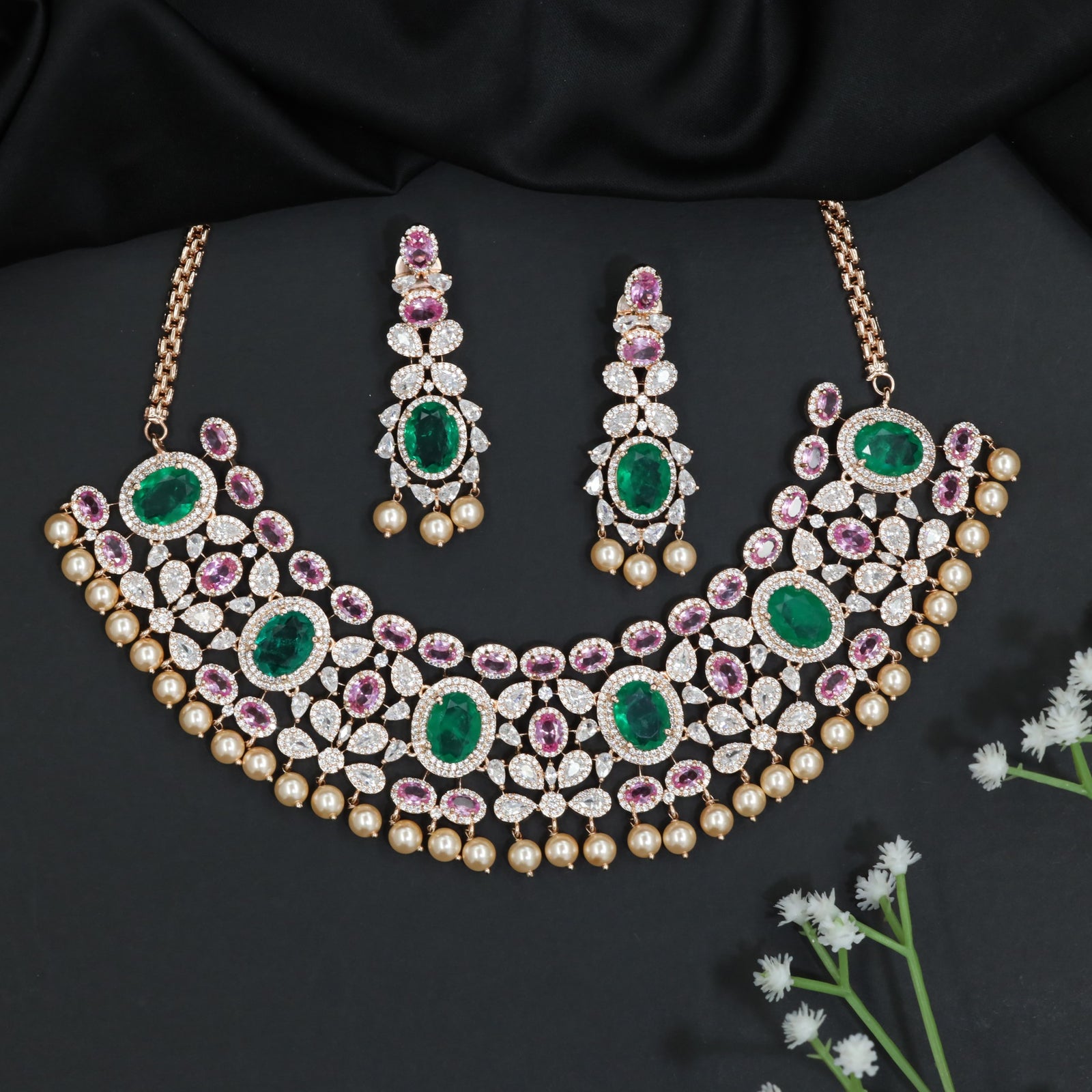 Royal Rose Gold Crystal Choker Set with Pearl Drop Accents