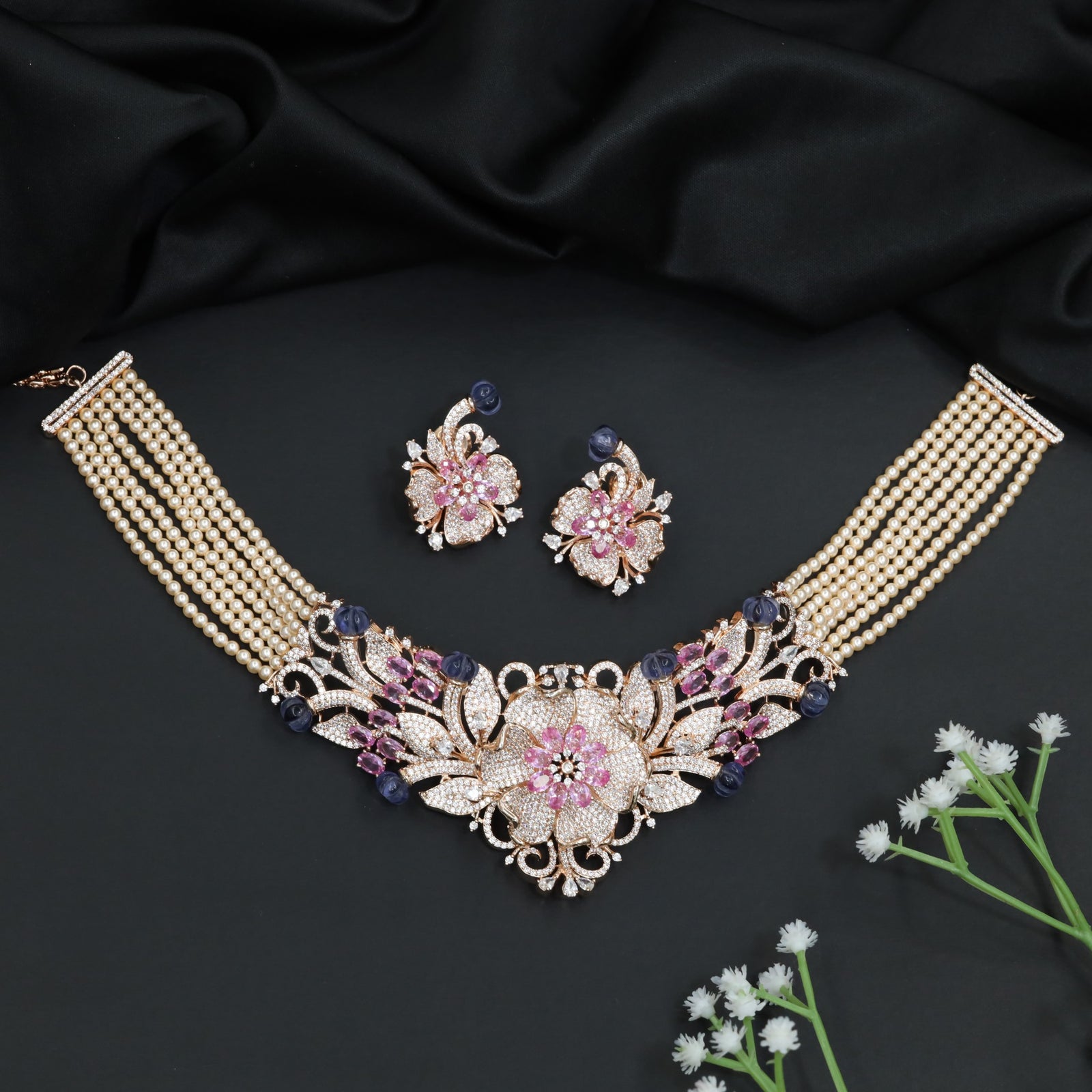 Floral Pearl Rose Gold Crystal Choker Set with Ornamental Scrollwork