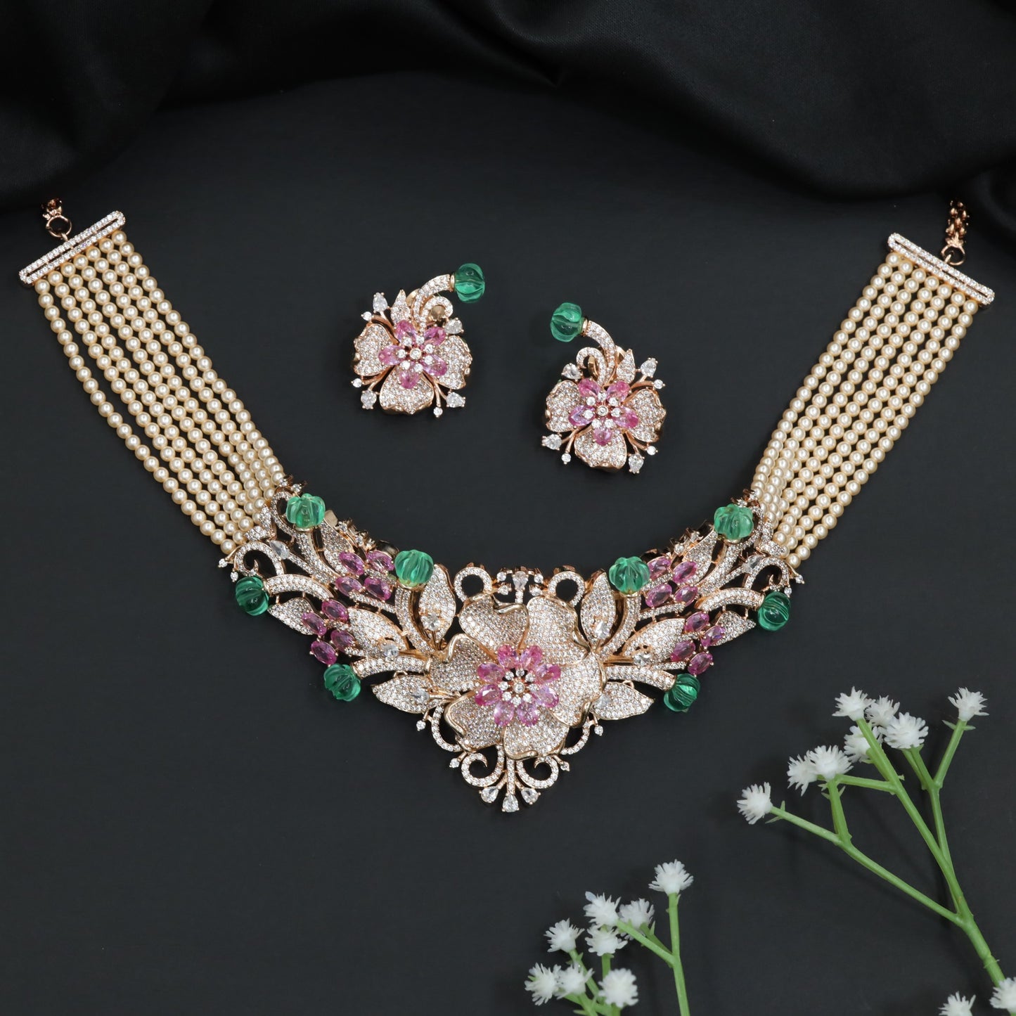 Floral Pearl Rose Gold Crystal Choker Set with Ornamental Scrollwork