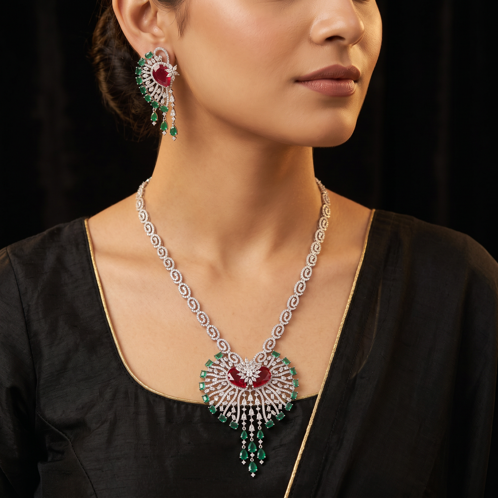 Ornamental Paisley Rhodium Long Haara Set with Statement Pendant