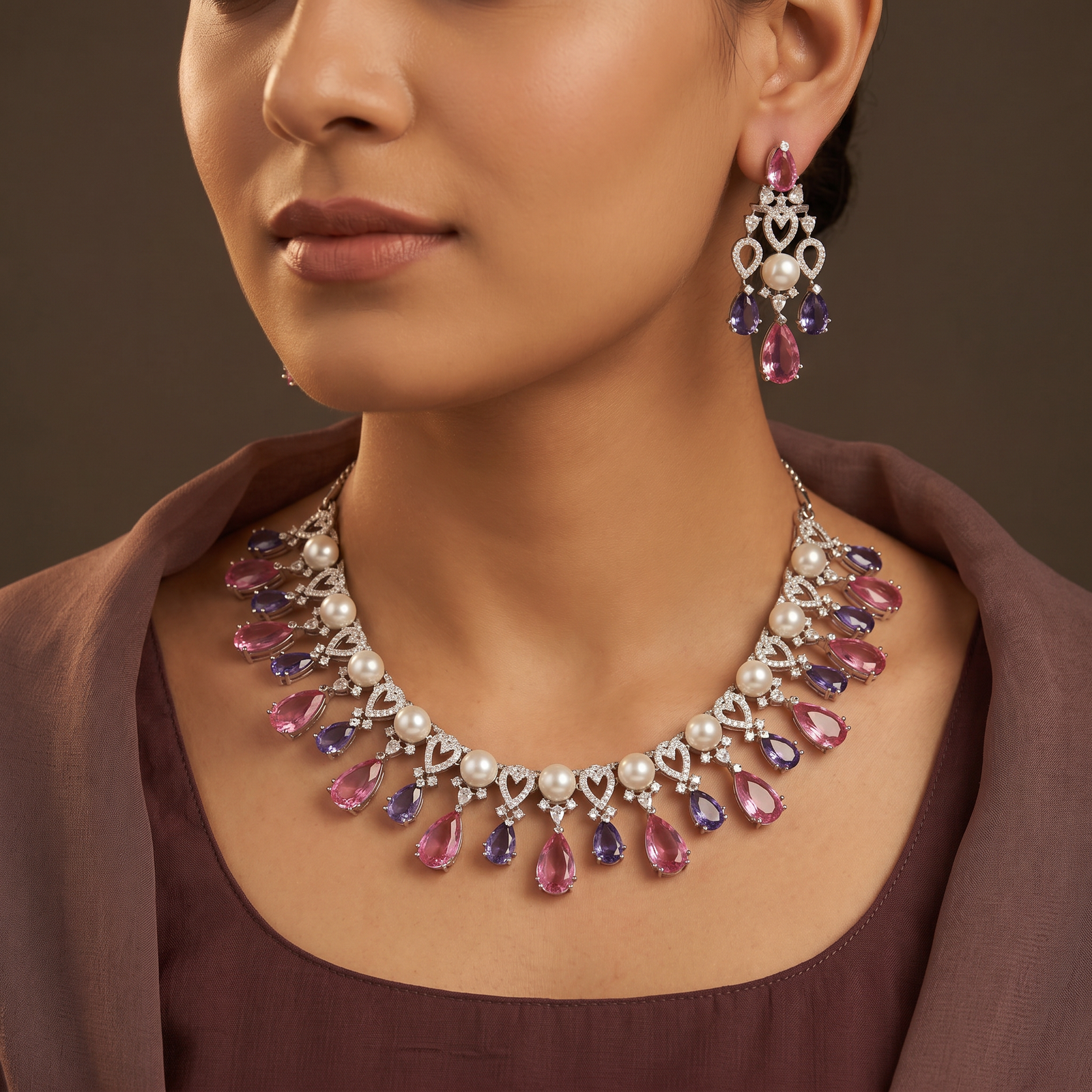 Pearl Accent Rhodium Necklace Set with Layered Drop Design