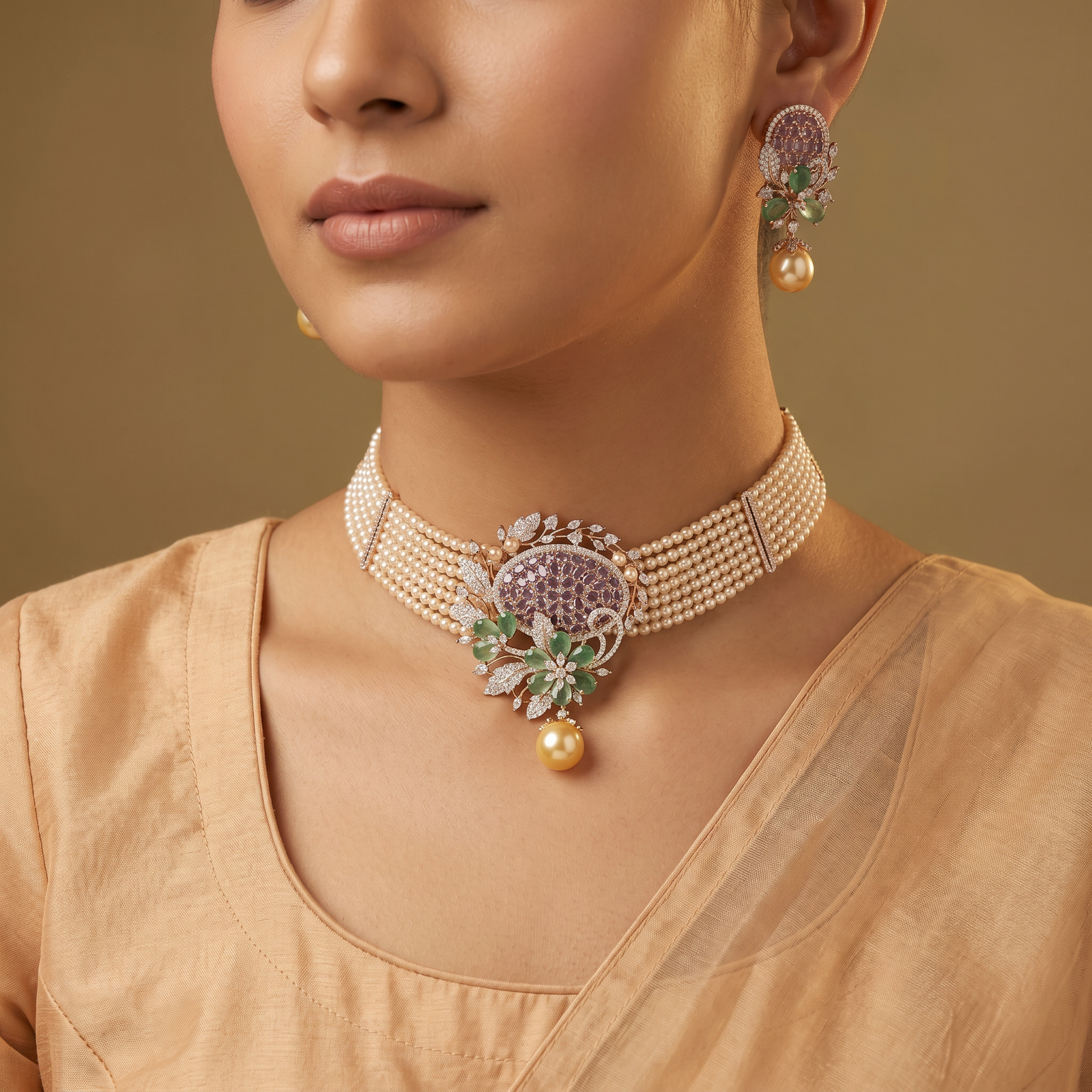 Festive Rose Gold Crystal Choker Set with Pearl Fringe Detail