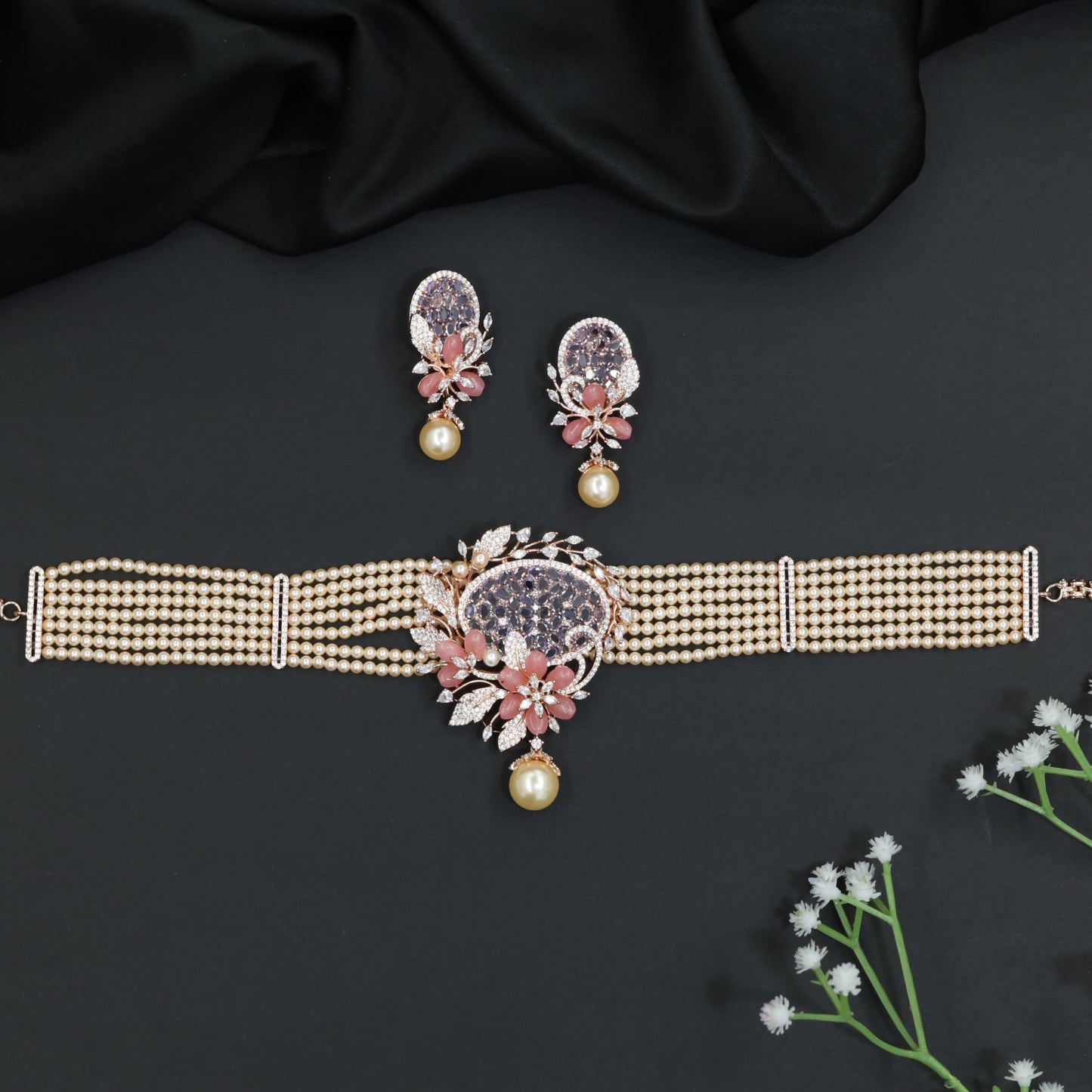 Festive Rose Gold Crystal Choker Set with Pearl Fringe Detail