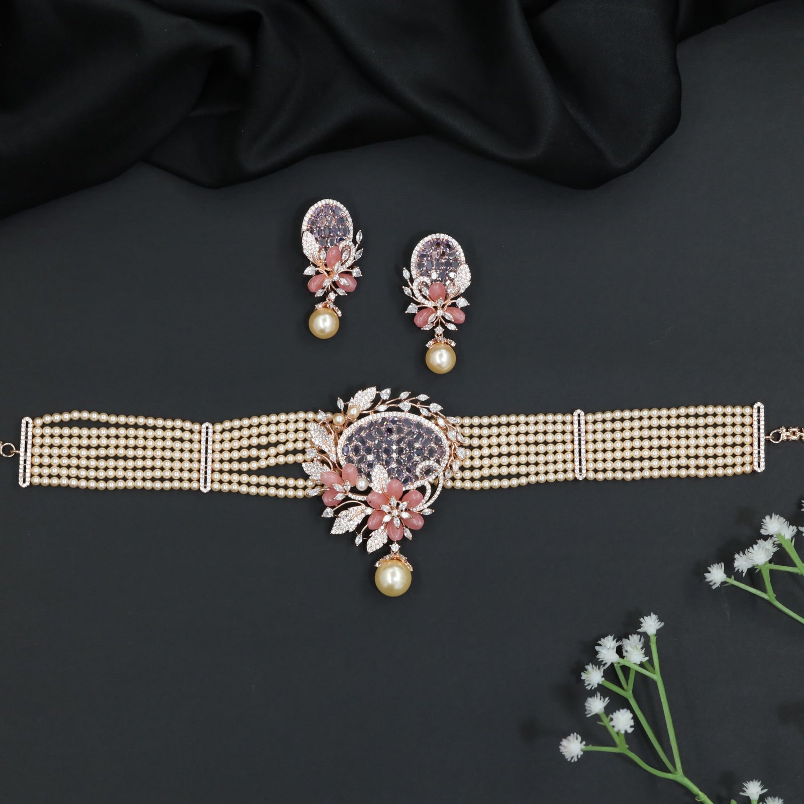 Festive Rose Gold Crystal Choker Set with Pearl Fringe Detail