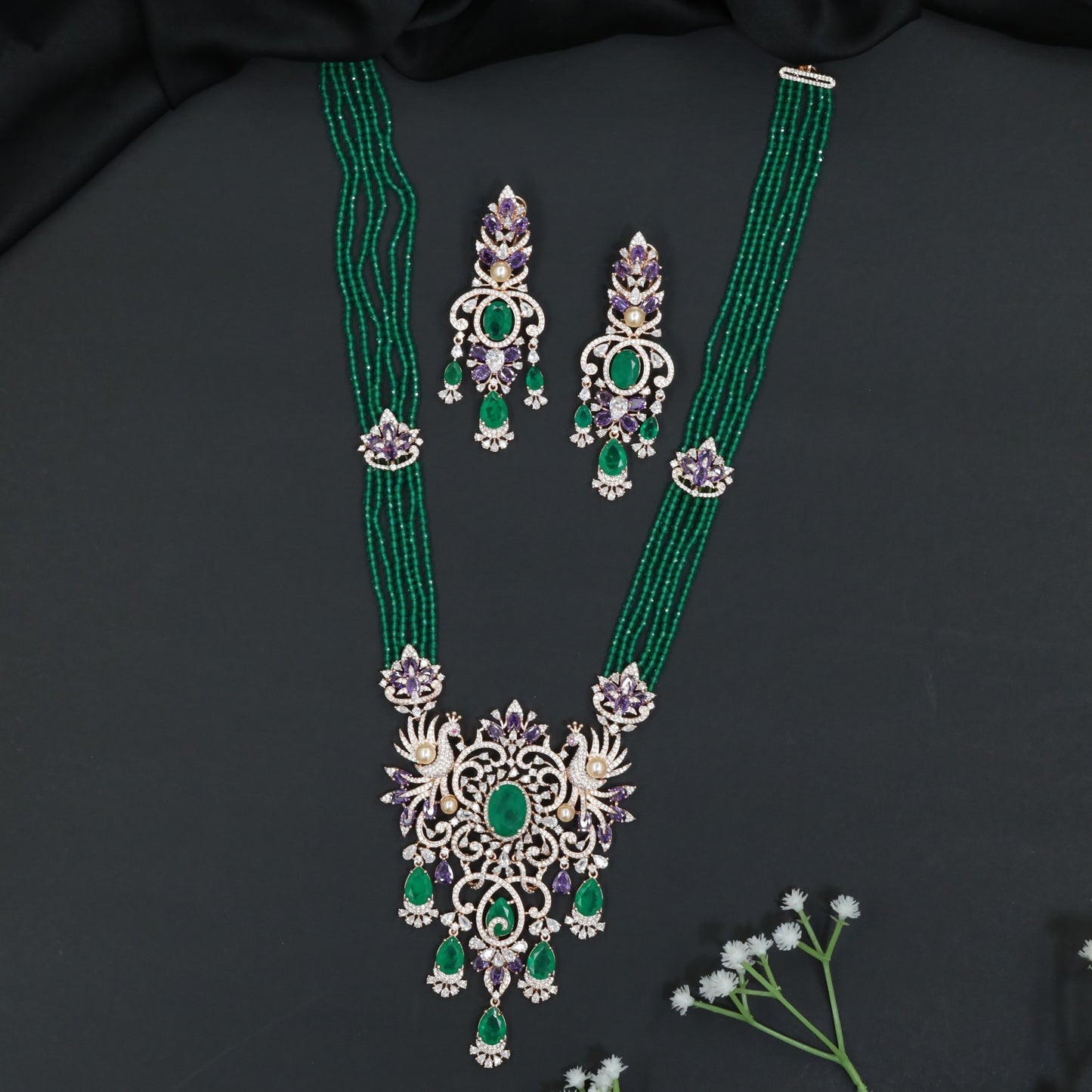 Traditional Crystal Rose Gold Beads Necklace Set with Floral Scrollwork