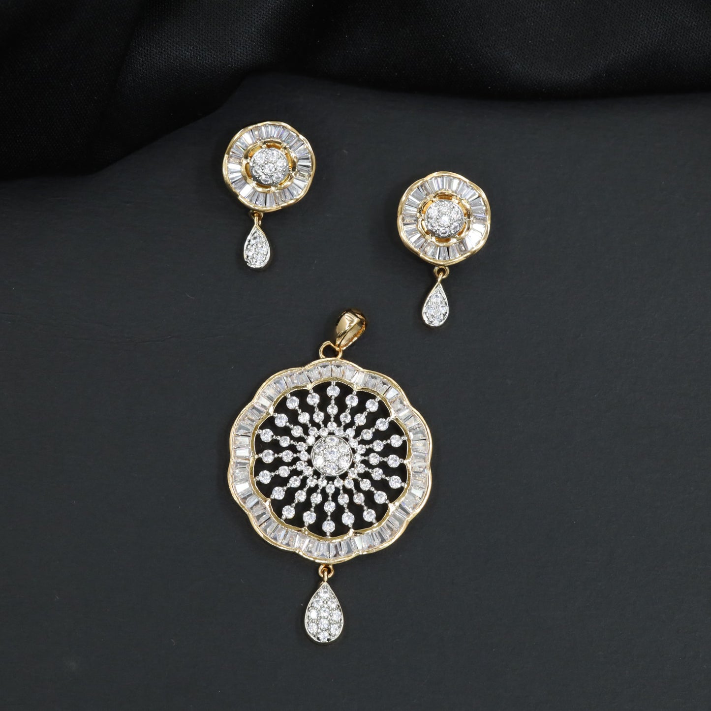 Circular Filigree Pendant Set with Dangling Drop Detail