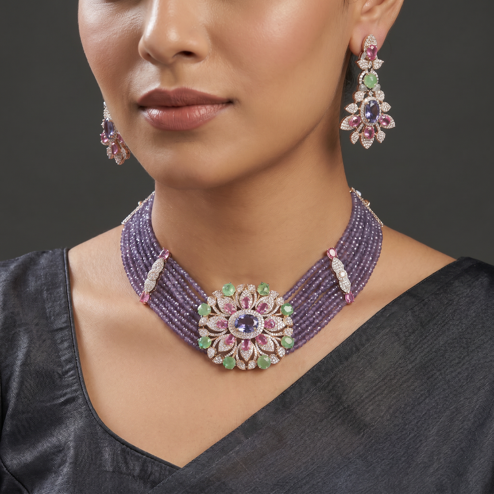 Grand Rose Gold Crystal Choker Set with Layered Bead Strands
