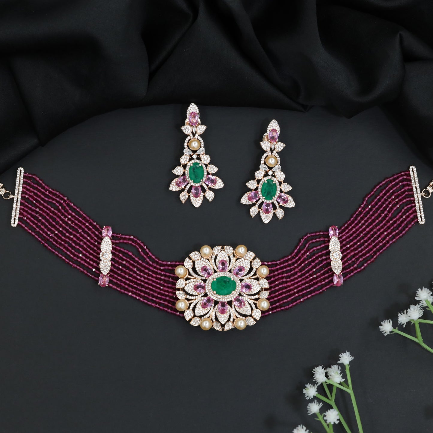 Grand Rose Gold Crystal Choker Set with Layered Bead Strands