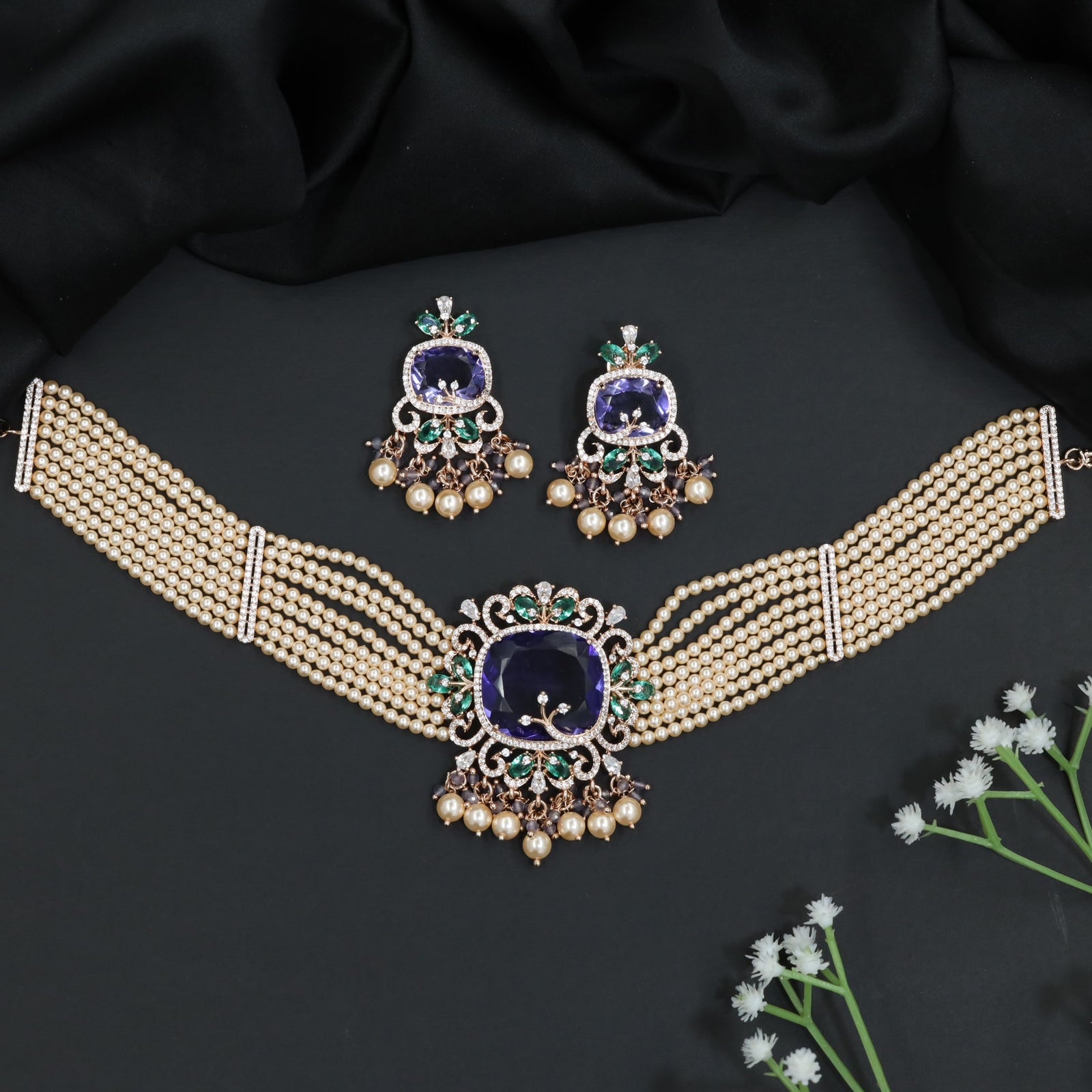 Multi Strand Pearl Rose Gold Crystal Choker Set with Ornamental Medallion
