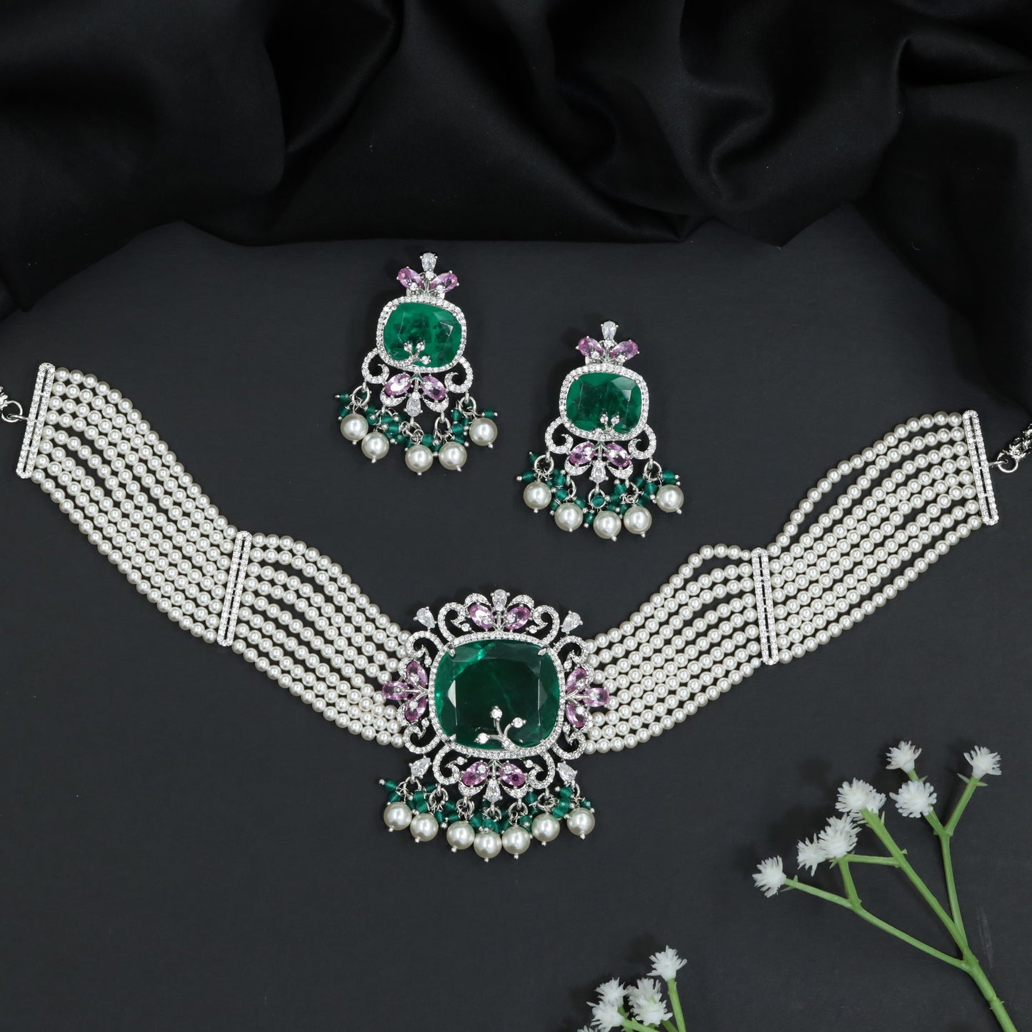 Multi Strand Pearl Rose Gold Crystal Choker Set with Ornamental Medallion