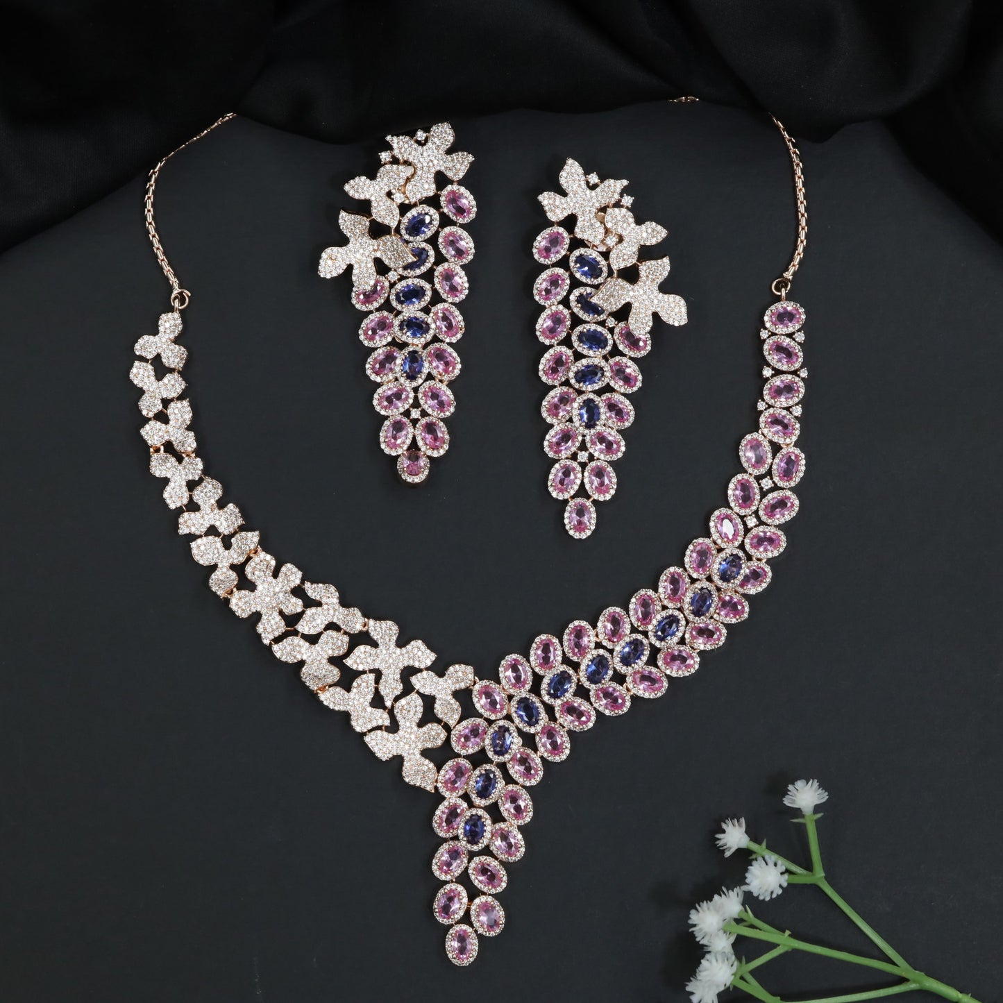 Floral Drop Crystal Rose Gold Necklace Set