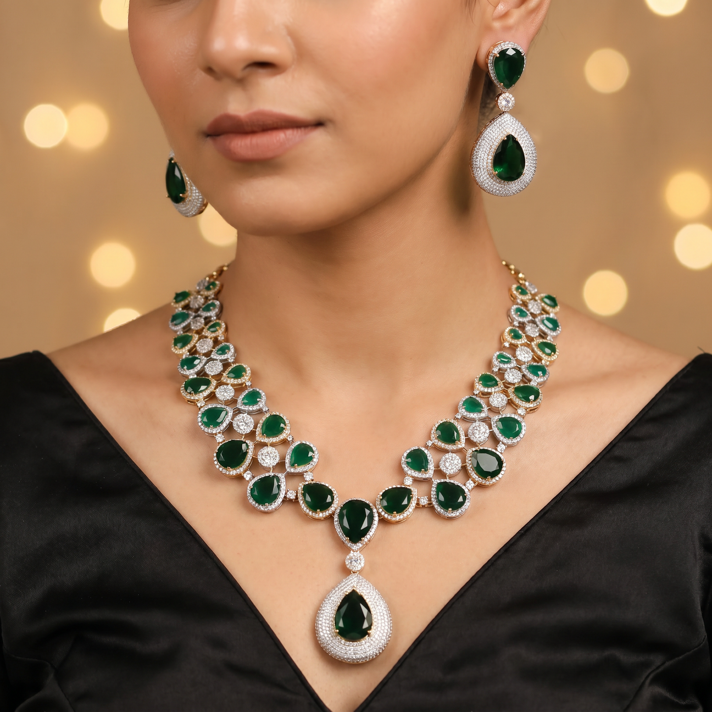 Contemporary pear frame GJ necklace set with statement pendant drop