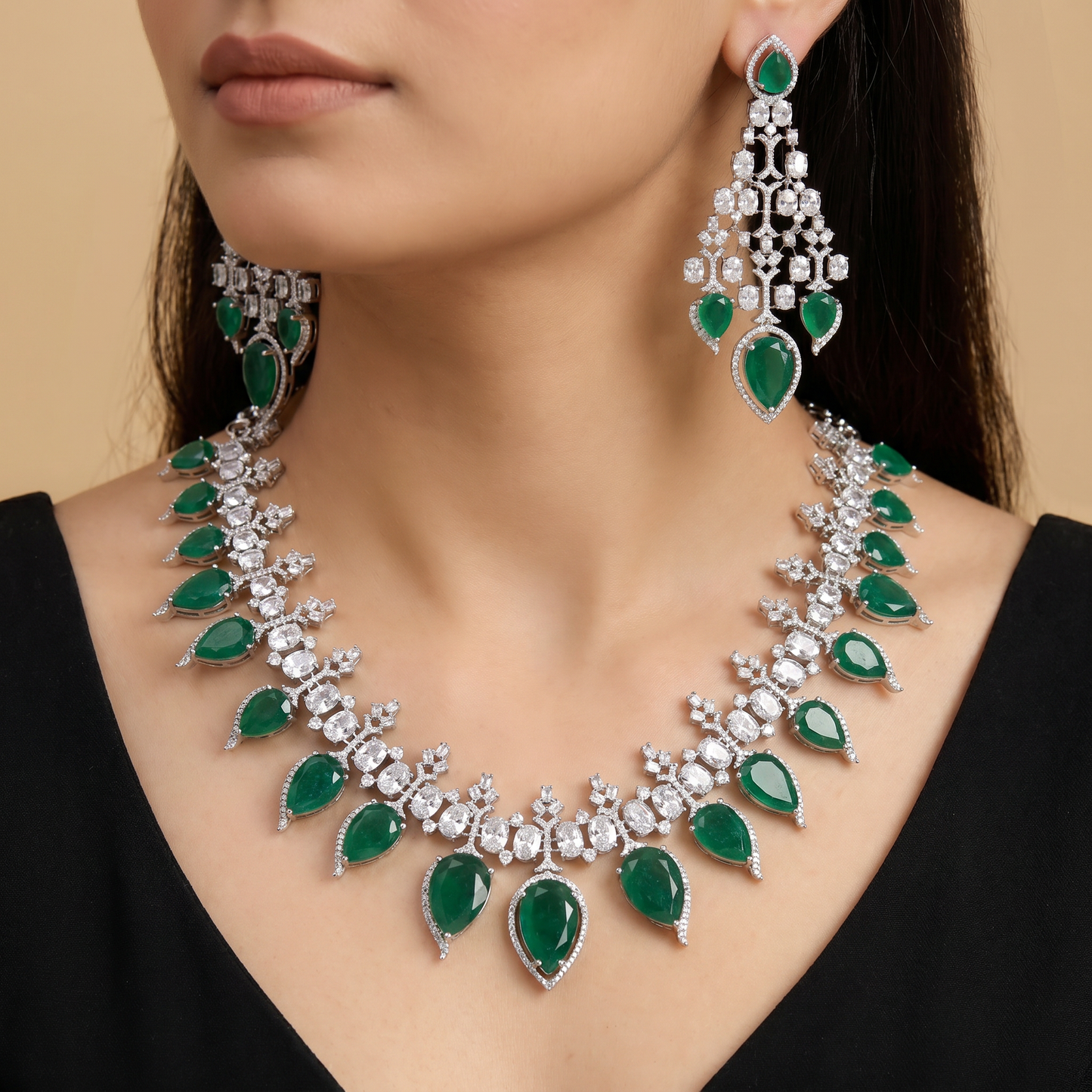 Bridal edit rhodium necklace set with grand chandelier earrings