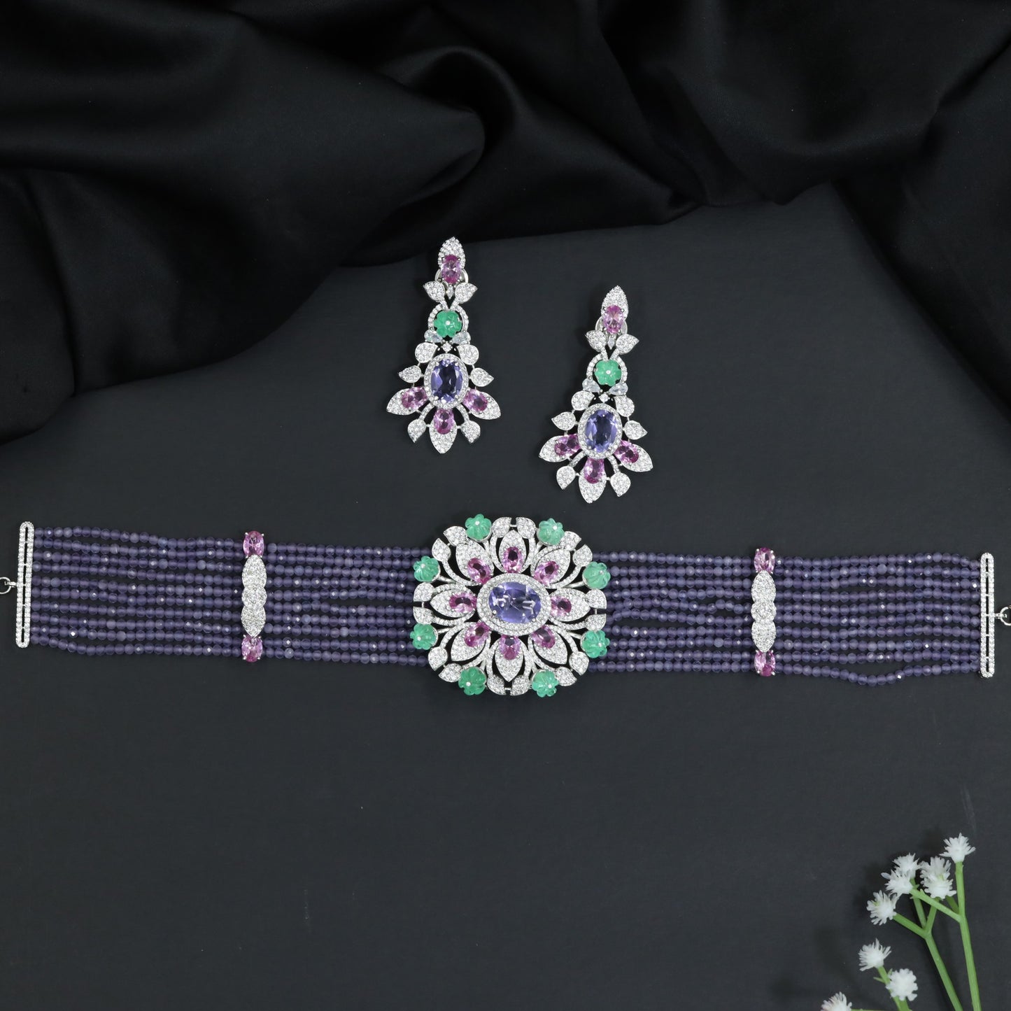 Rhodium Beads Choker with Floral Medallion Centerpiece