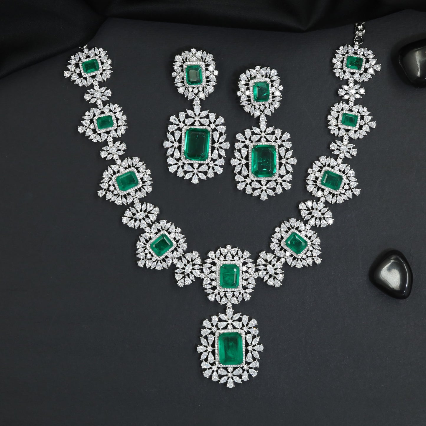 Premium Celebration Rhodium Necklace Set with Floral Halo Arrangement