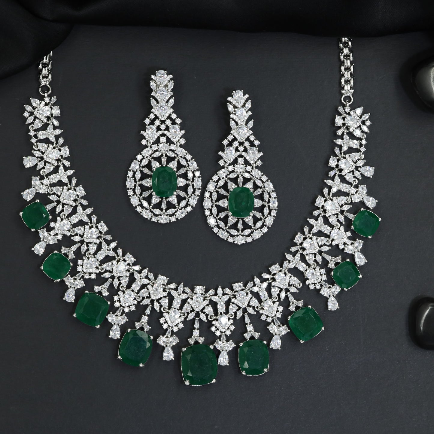 Grand Soiree Rhodium Necklace Set with Cascading Drop Border