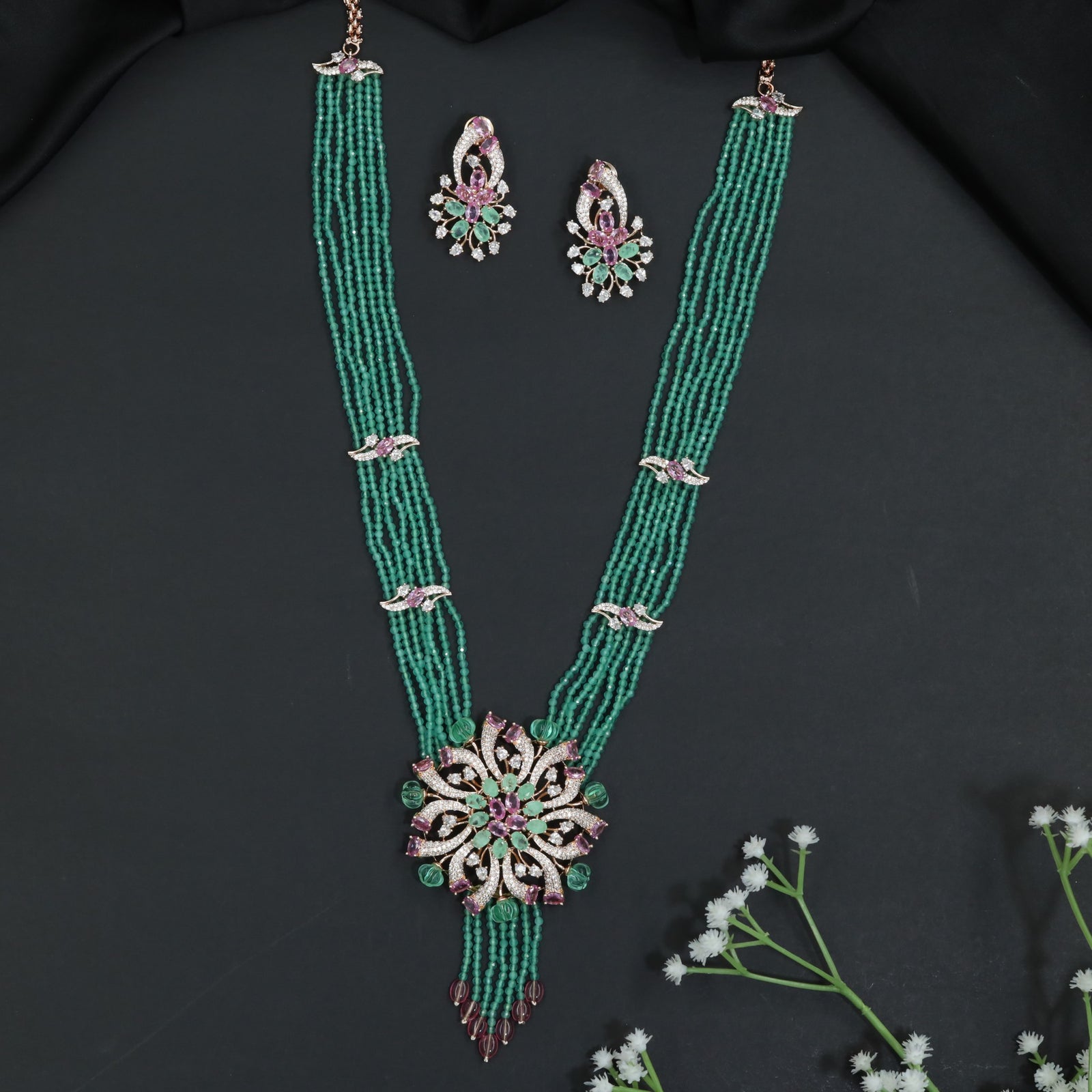 Multi-Strand Beads Necklace with Floral Medallion Centerpiece
