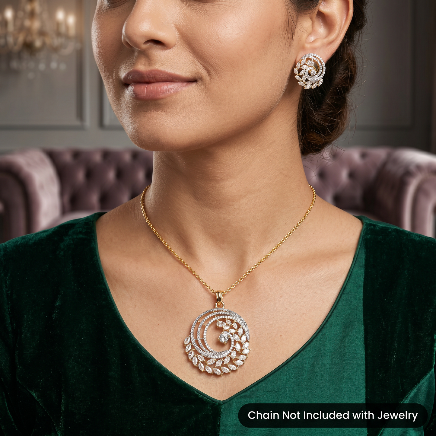 Spiral Pendant Set with Leaf Halo Design