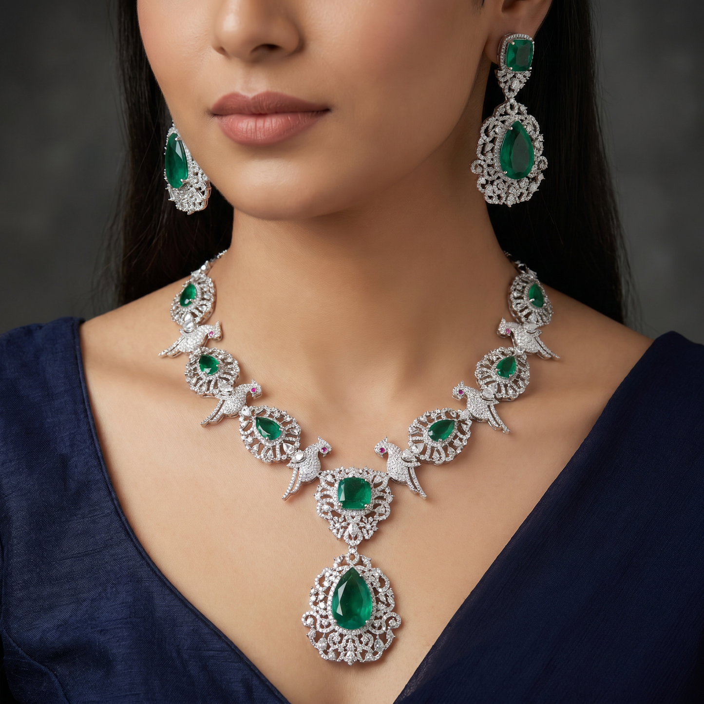 Designer Inspired Rhodium Necklace Set with Floral Crest Detailing
