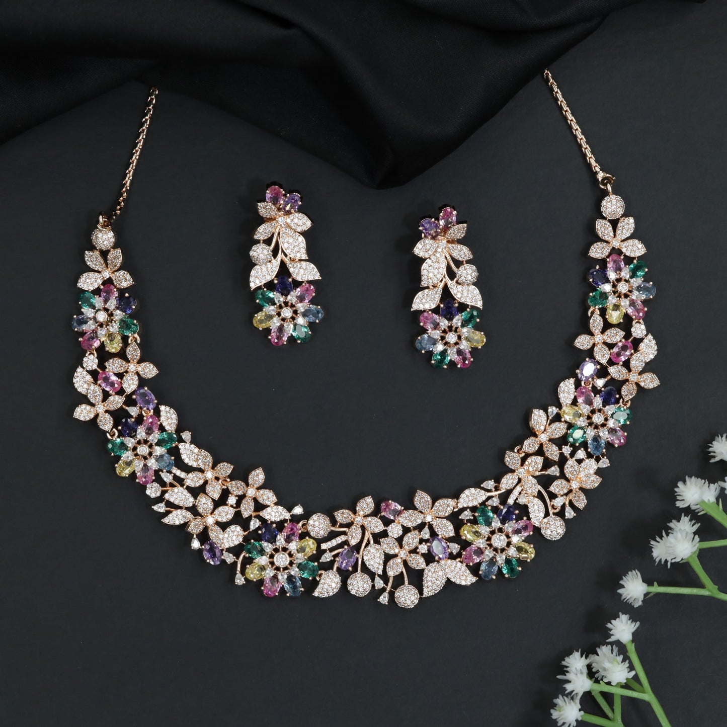 Crystal Floral Garden Necklace with Matching Earrings