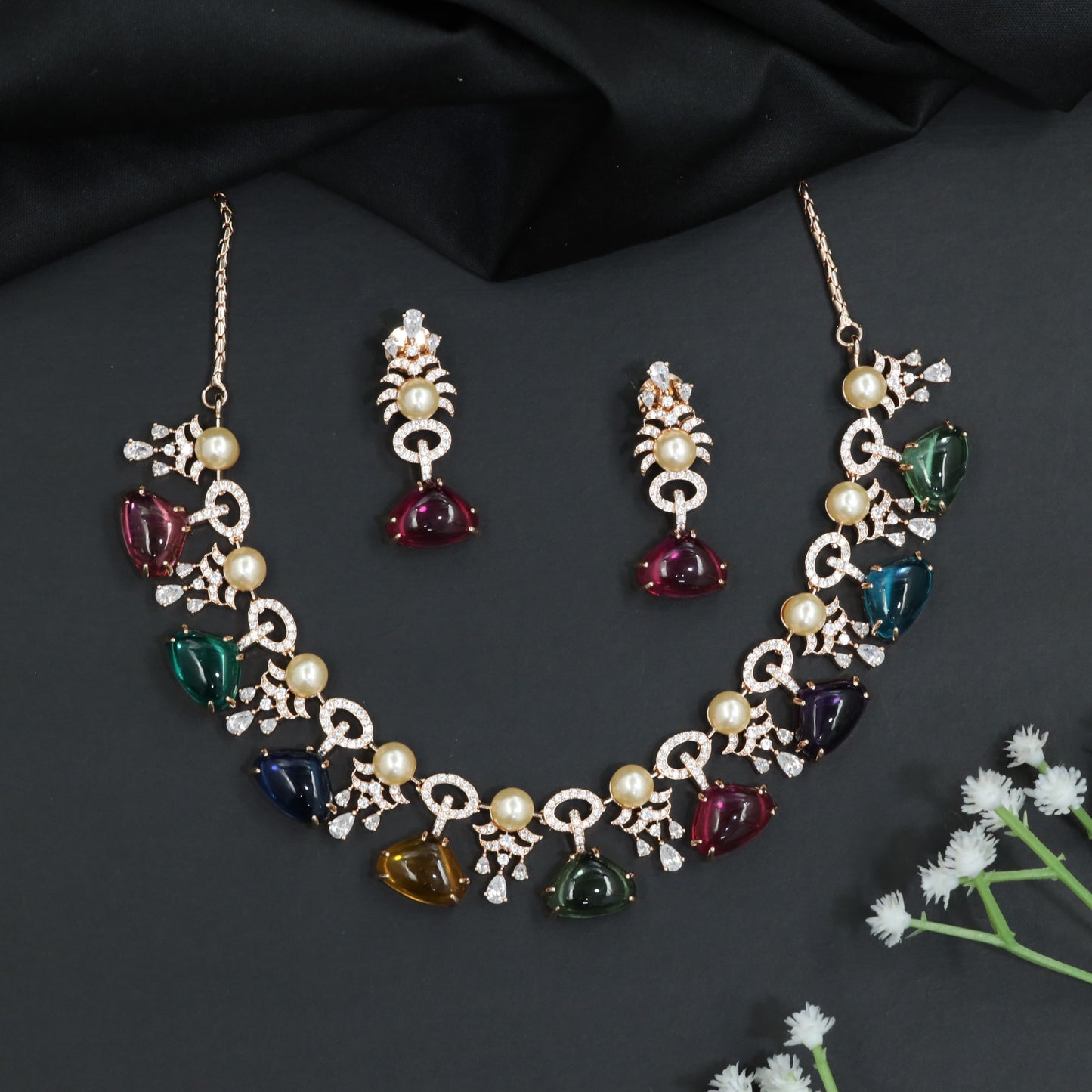 Rose Gold Necklace with Pearl and Multi-Color Crystal Accents