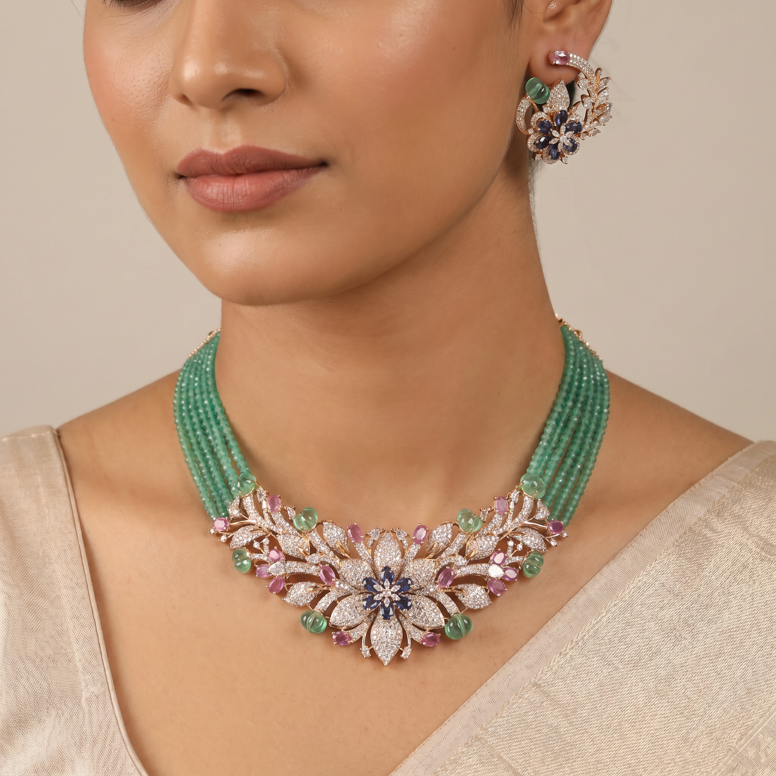 Rose Gold Necklace with Pearl and Multi-Color Crystal Accents