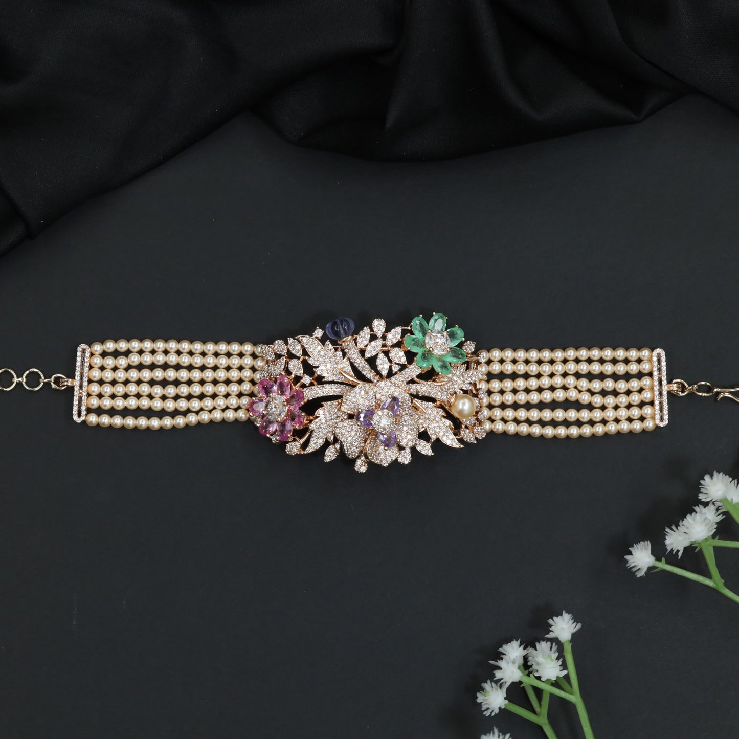 Crystal Floral Bouquet Necklace with Decorative Leaf Detailing