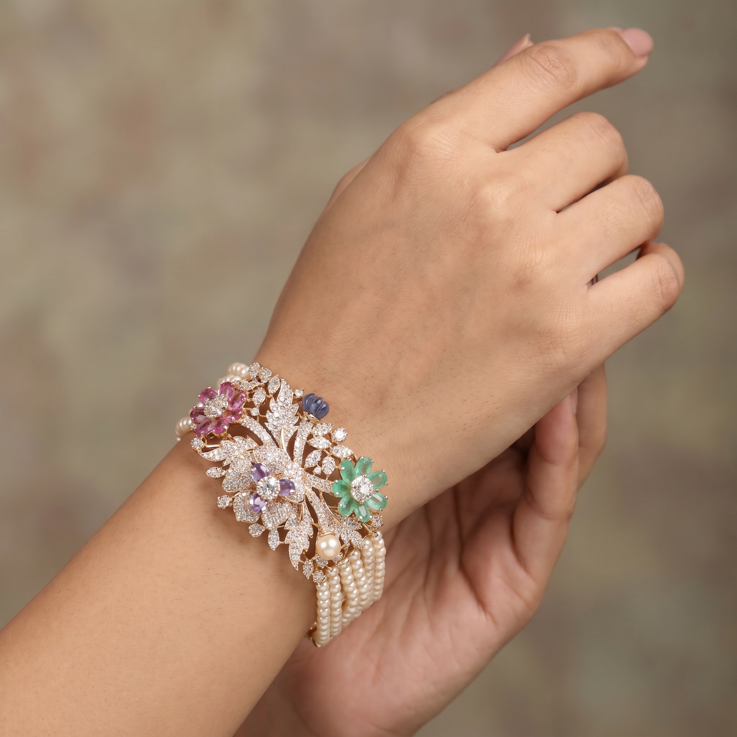 Crystal Floral Bouquet Braelet with Decorative Leaf Detailing