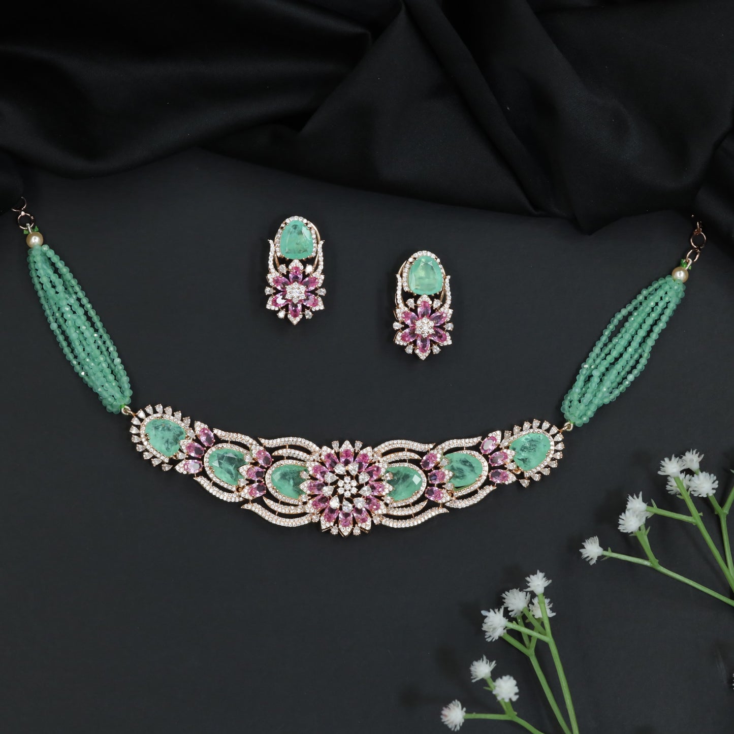 Floral Cluster Crystal Beads Necklace with Matching Earrings