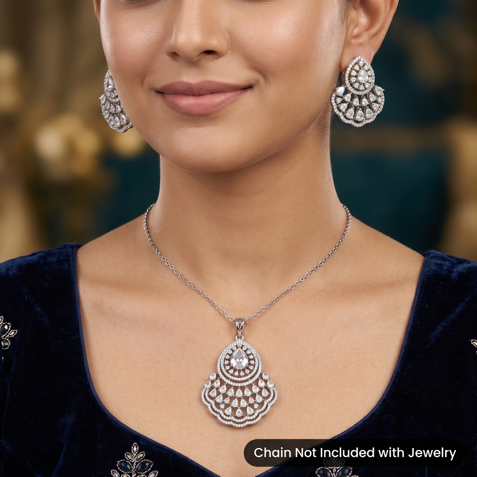 Festive Pendant Set with Teardrop Halo Design