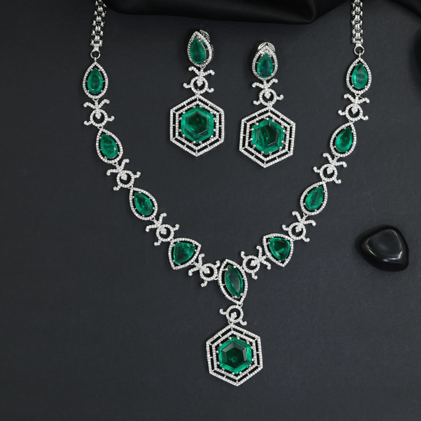 Royal Hexagon Medallion Rhodium Necklace Set with Pendant Focal Point